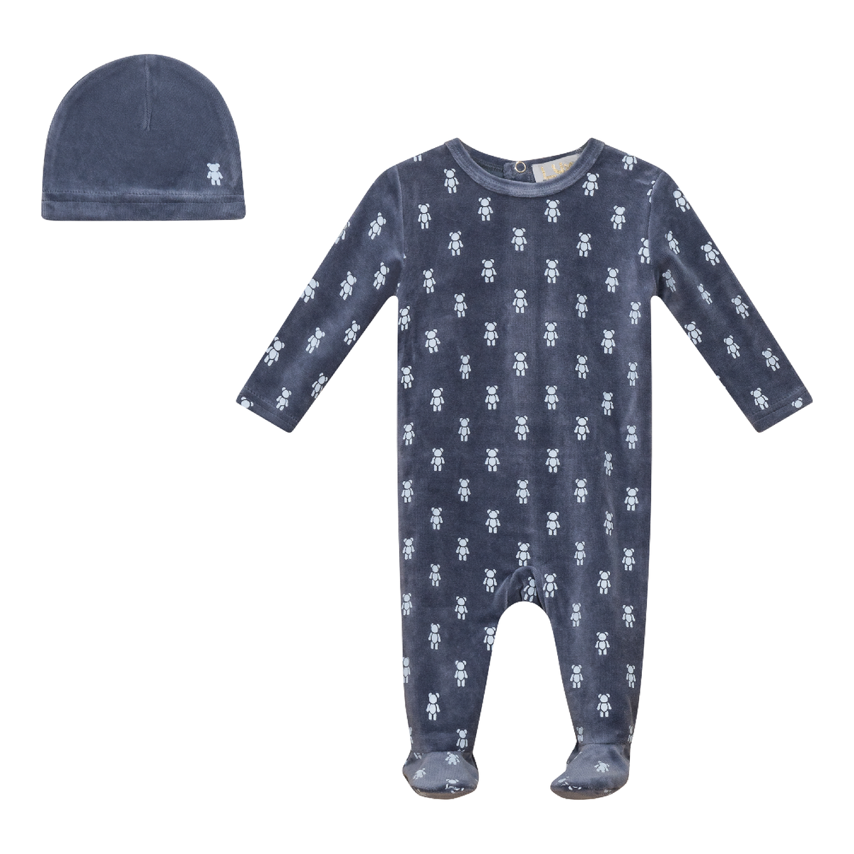 Bear Print Velour Onesie and Hat in Dark Blue Grey by Lux