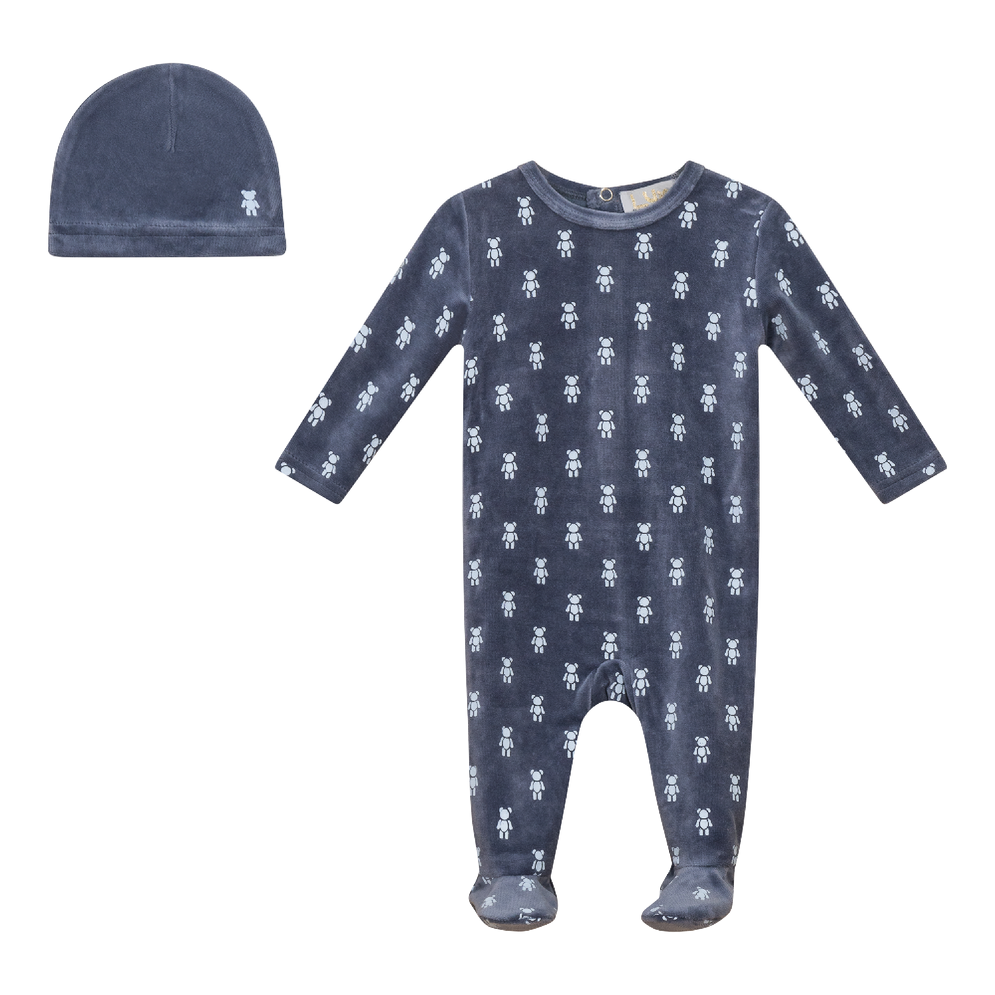 Bear Print Velour Onesie and Hat in Dark Blue Grey by Lux