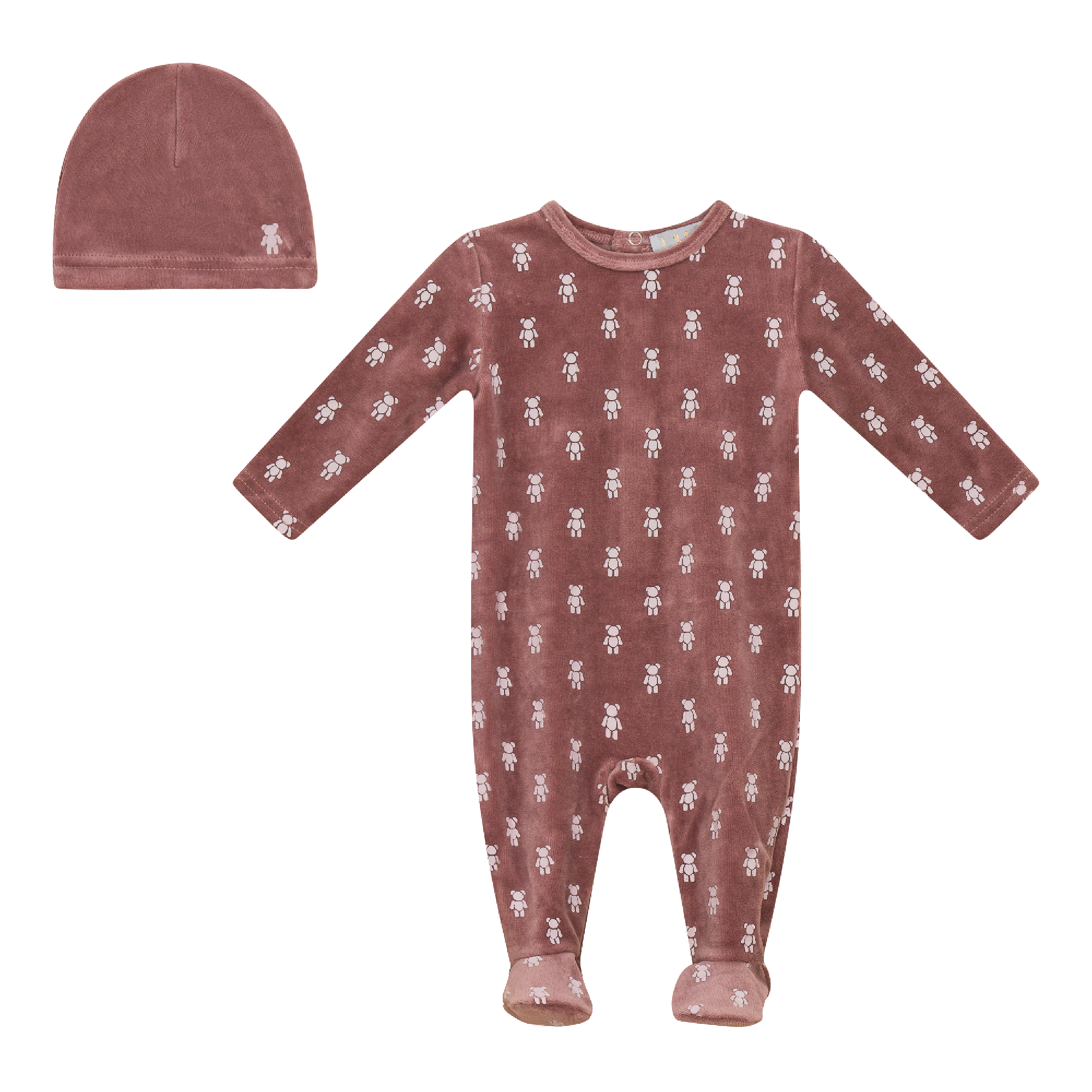 Bear Print Velour Onesie and Hat in Dark Mauve by Lux