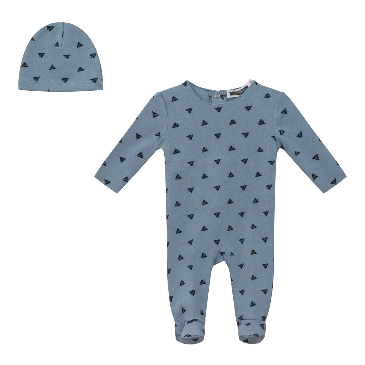 Heart and Paper Plane Print Onesie and Hat in Blue by Whipped Cocoa