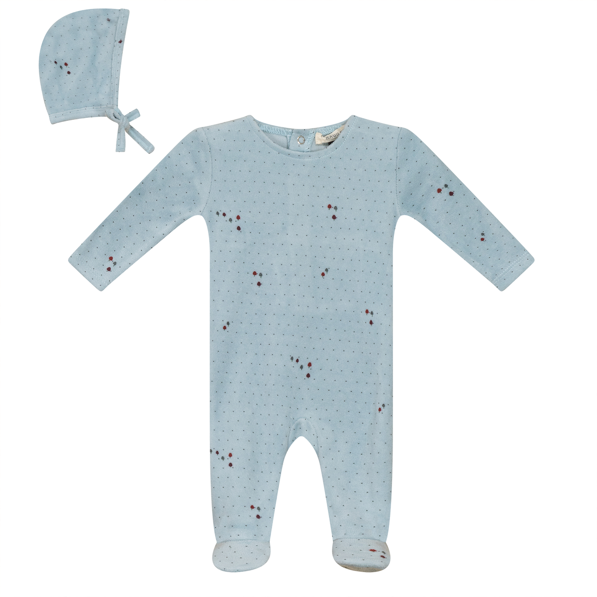 Flower and Mushroom Print Onesie and Bonnet in Blue Mist by Bebe Bella