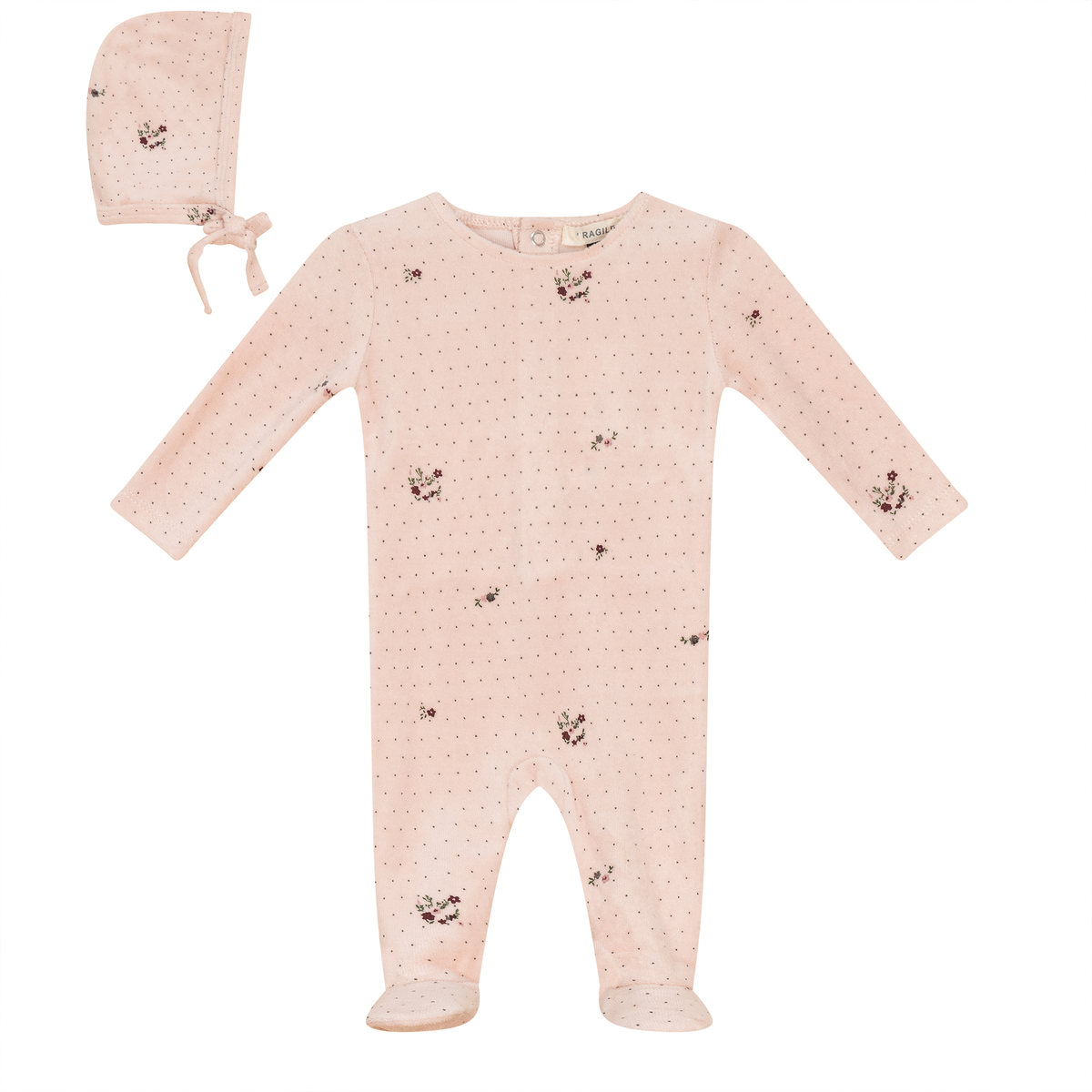 Flower and Mushroom Print Onesie and Bonnet in Soft Pink by Bebe Bella