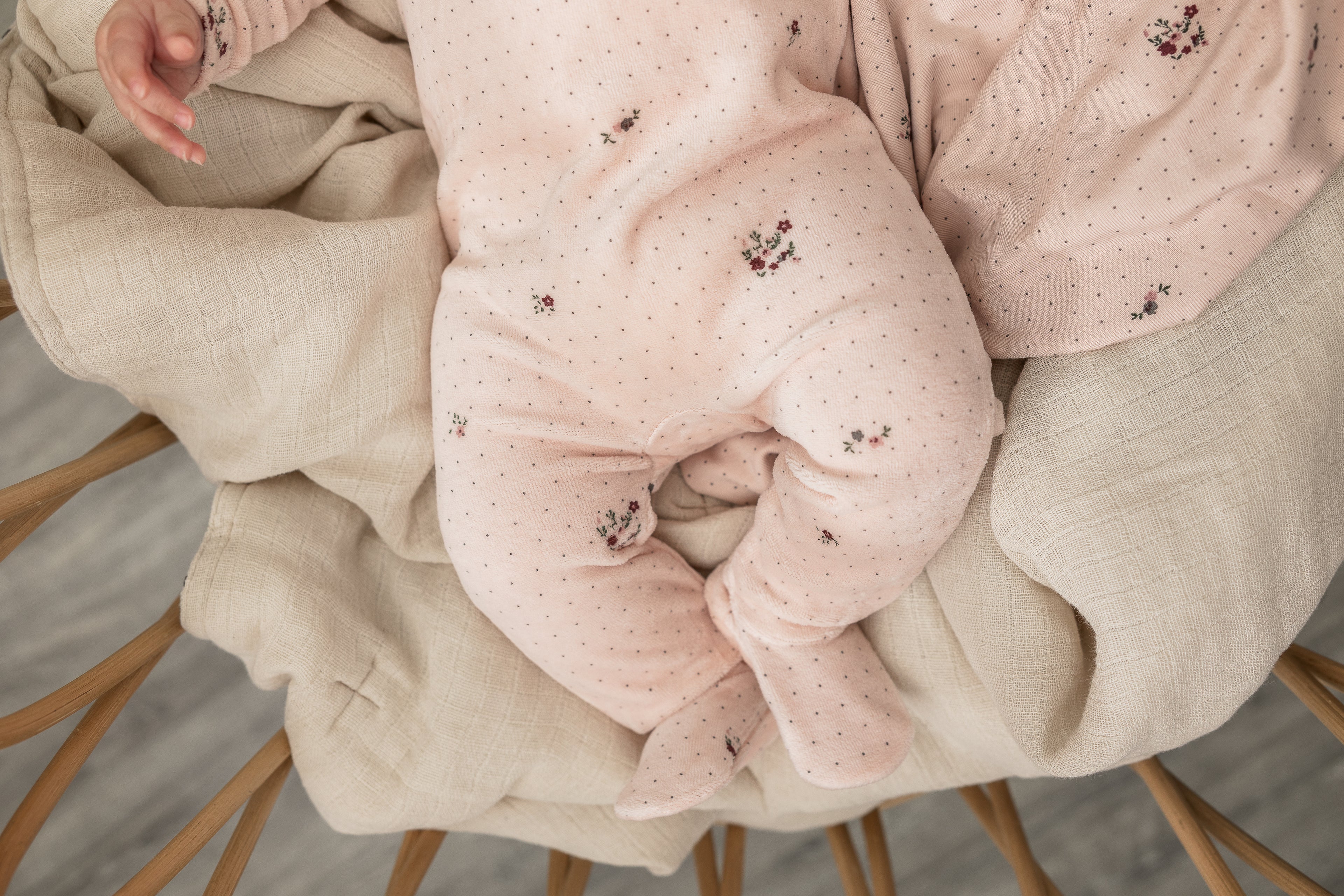 Flower and Mushroom Print Onesie and Bonnet in Blue Mist by Bebe Bella