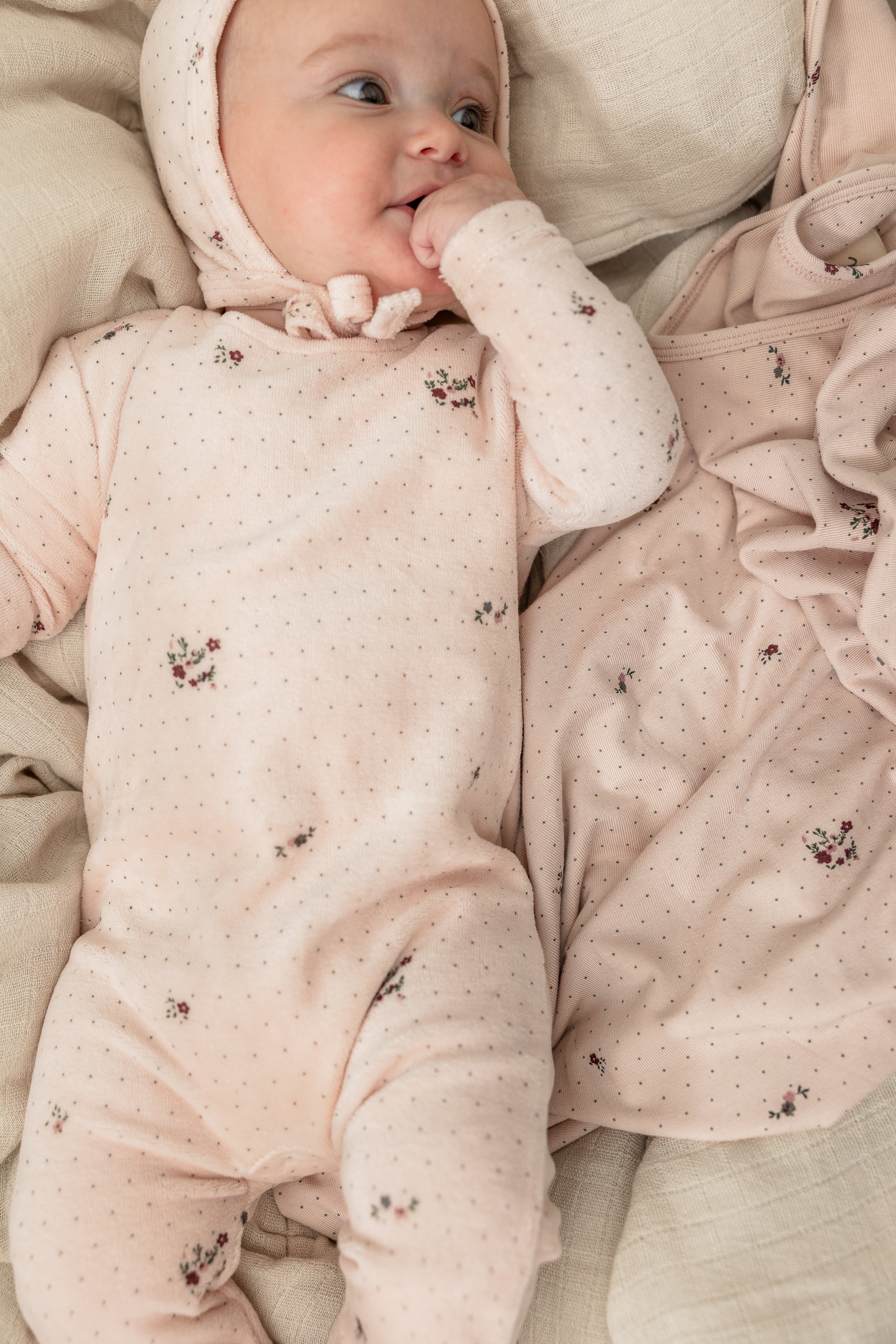 Flower and Mushroom Print Onesie and Bonnet in Blue Mist by Bebe Bella