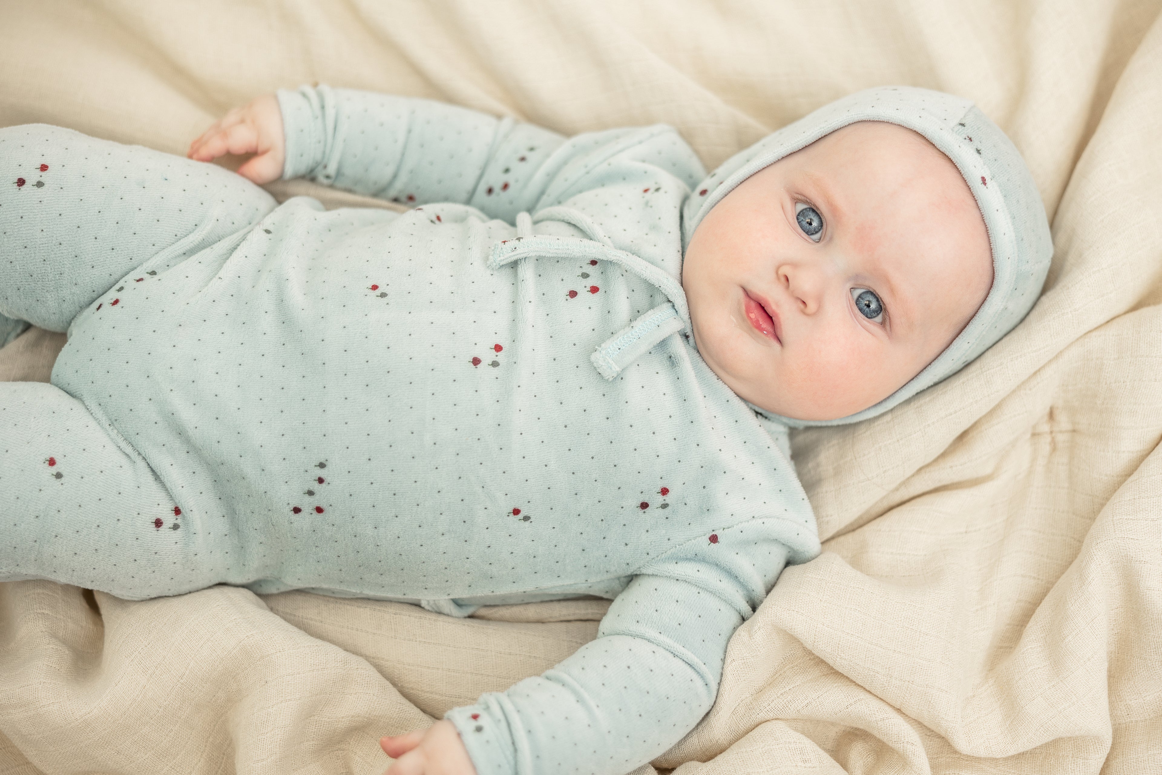 Flower and Mushroom Print Onesie and Bonnet in Blue Mist by Bebe Bella