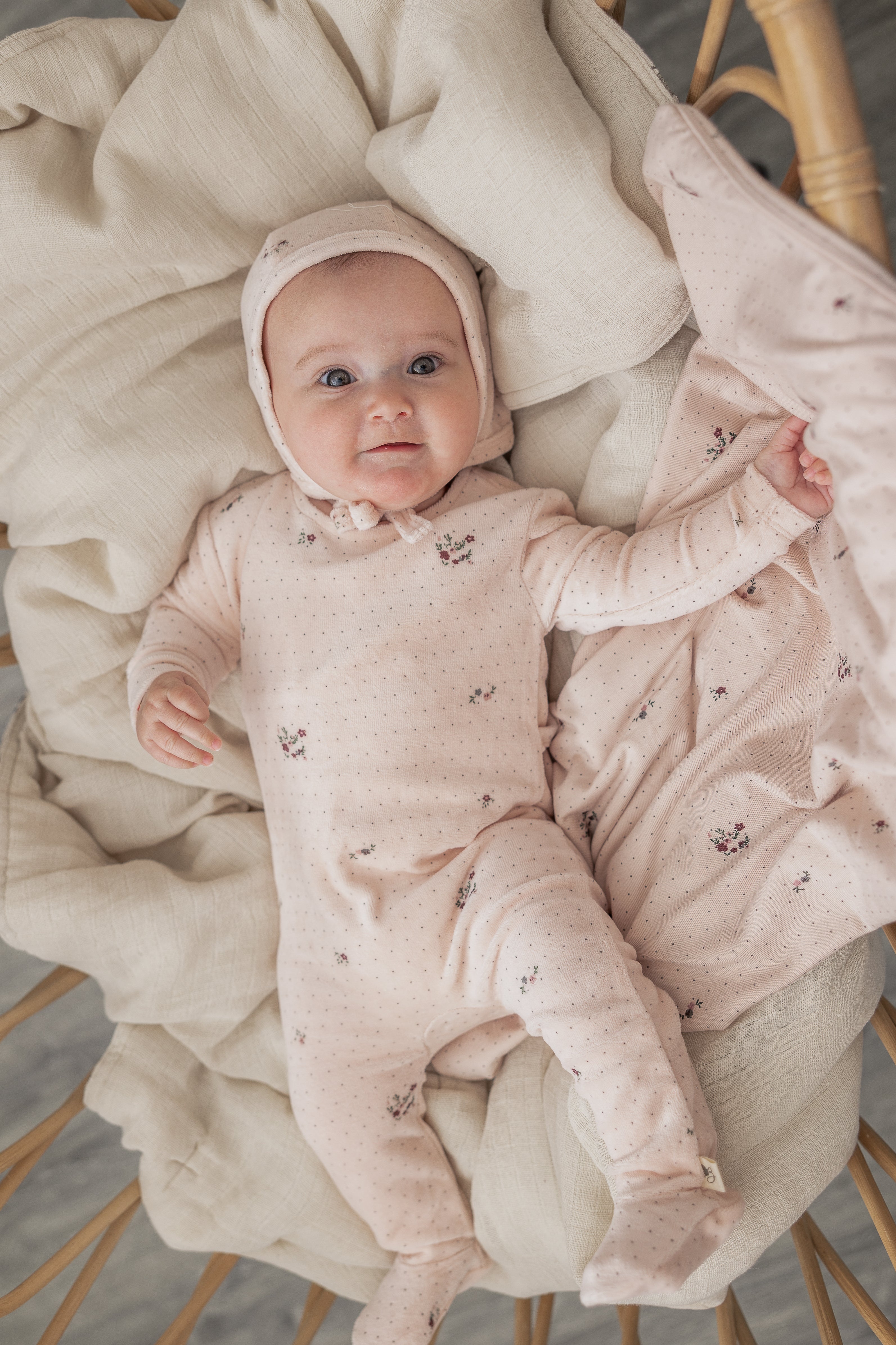 Flower and Mushroom Print Onesie and Bonnet in by Bebe Bella