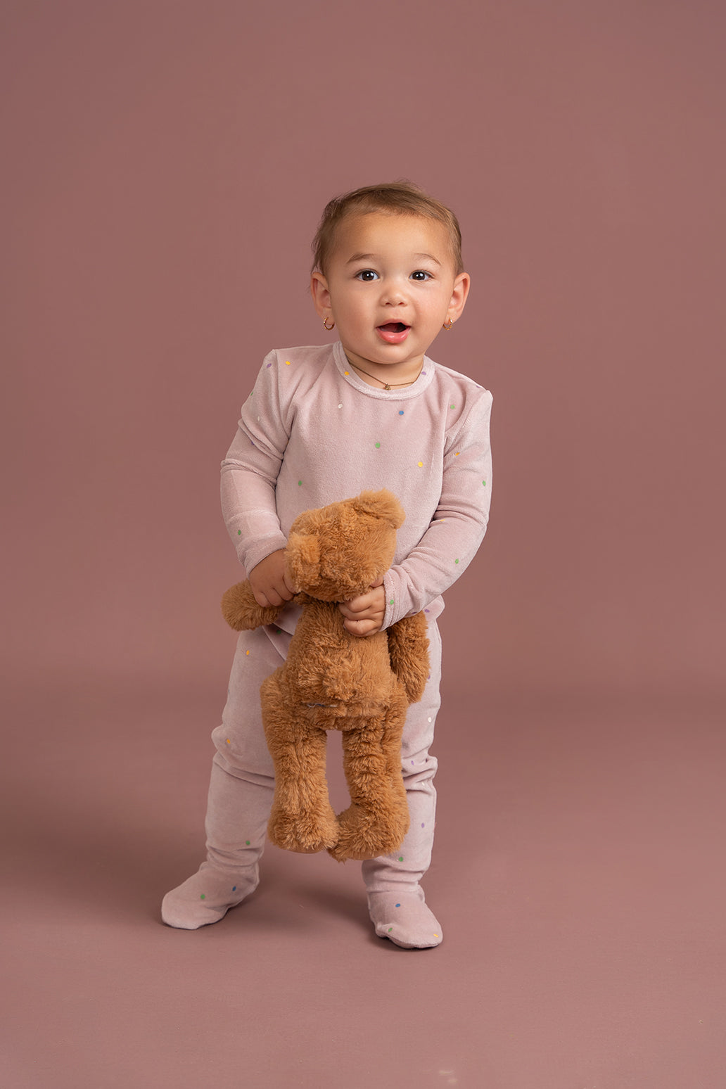 Dot Print Velour Onesie in by Whipped Cocoa