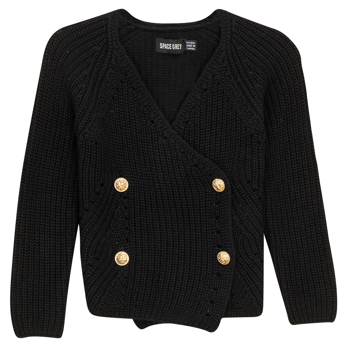Pointelle Knit Double Breasted Cardigan in Black by Space Grey