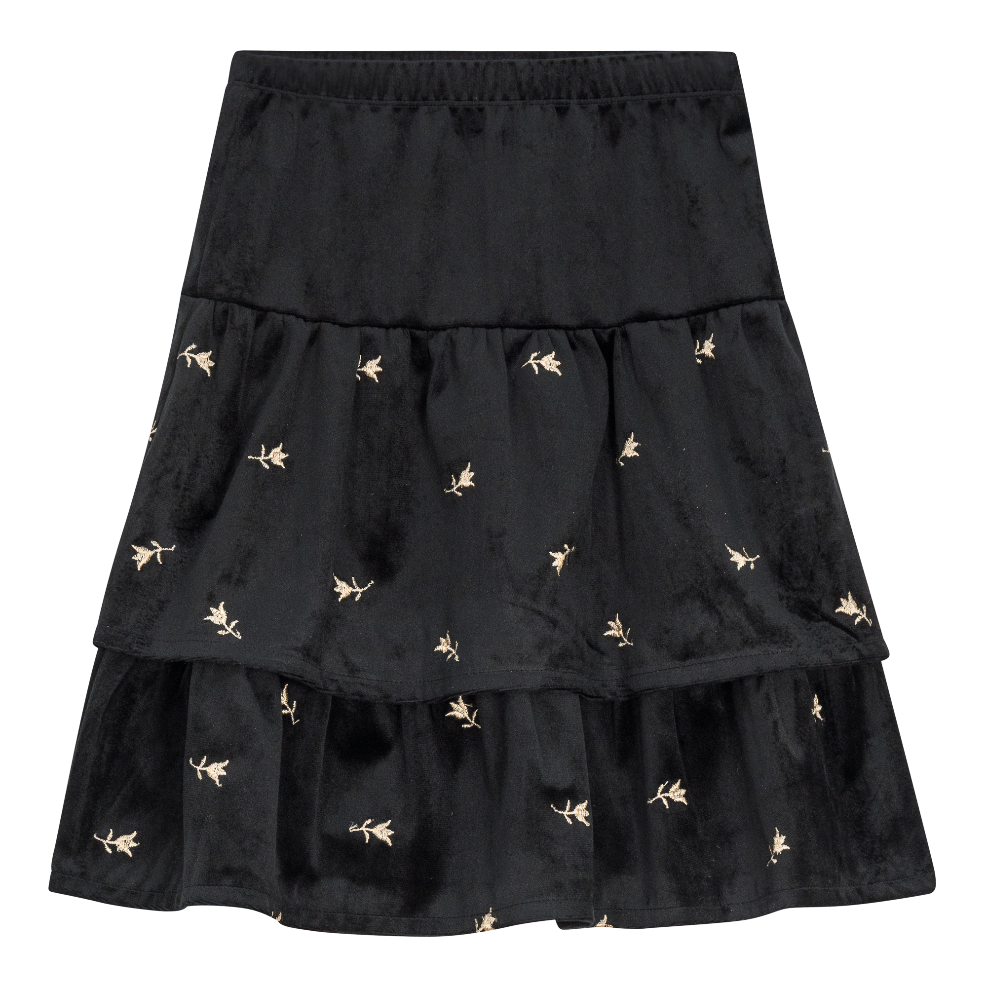 Embroidered Velvet Layered Skirt in Black by Space Grey