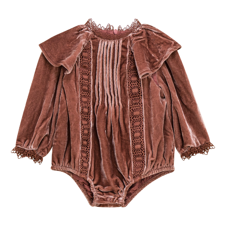 Crushed Velour Bubble with Lace Trim Twilight Mauve Girls Overall by {{ product_vemdor}}