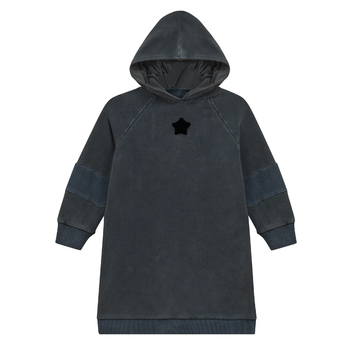 Distressed French Fleece Hooded Dress in Dark Denim Wash by Puddles