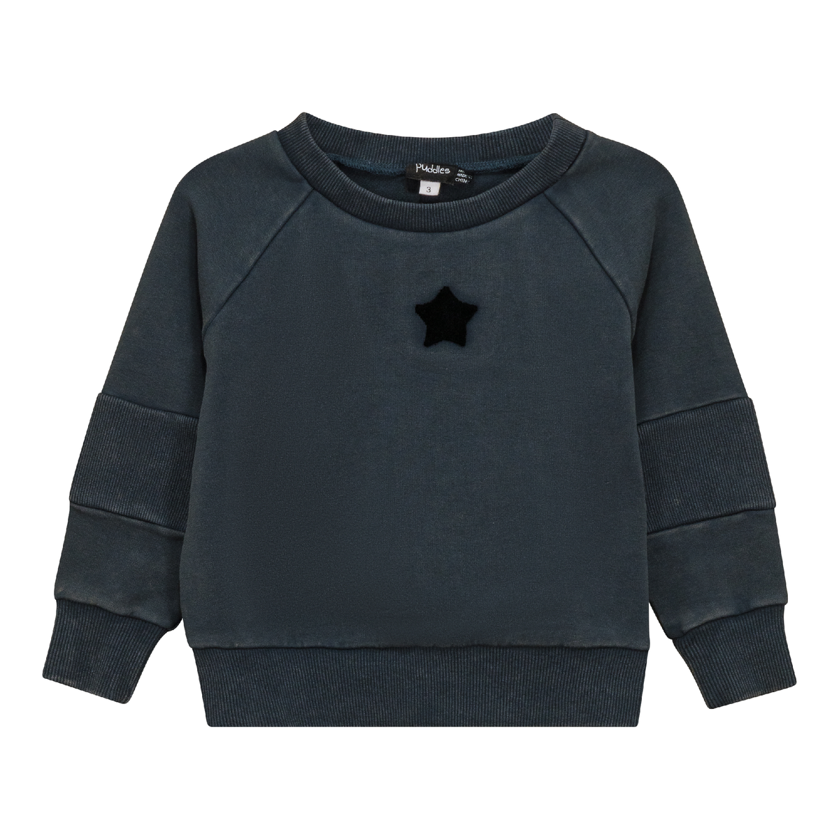 Distressed French Fleece Sweatshirt in Dark Denim Wash by Puddles