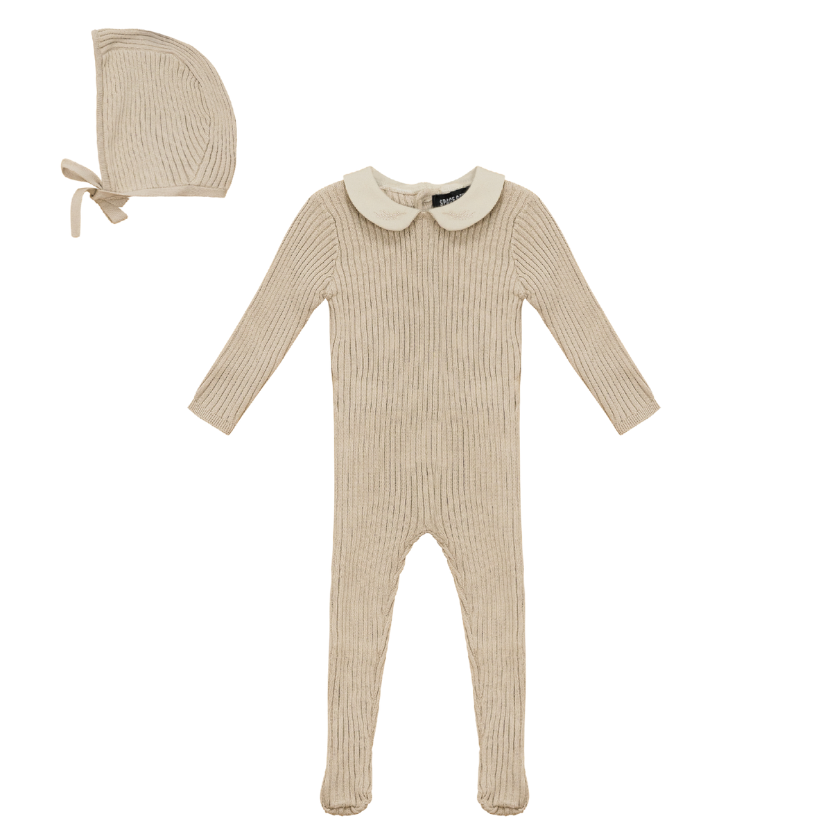 Ruffle Collar Knitted Onesie and Bonnet in Dark Almond by Space Grey