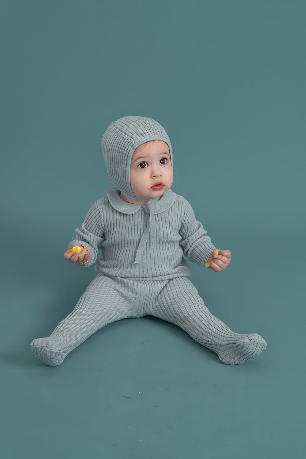 Ruffle Collar Knitted Onesie and Bonnet in by Space Grey