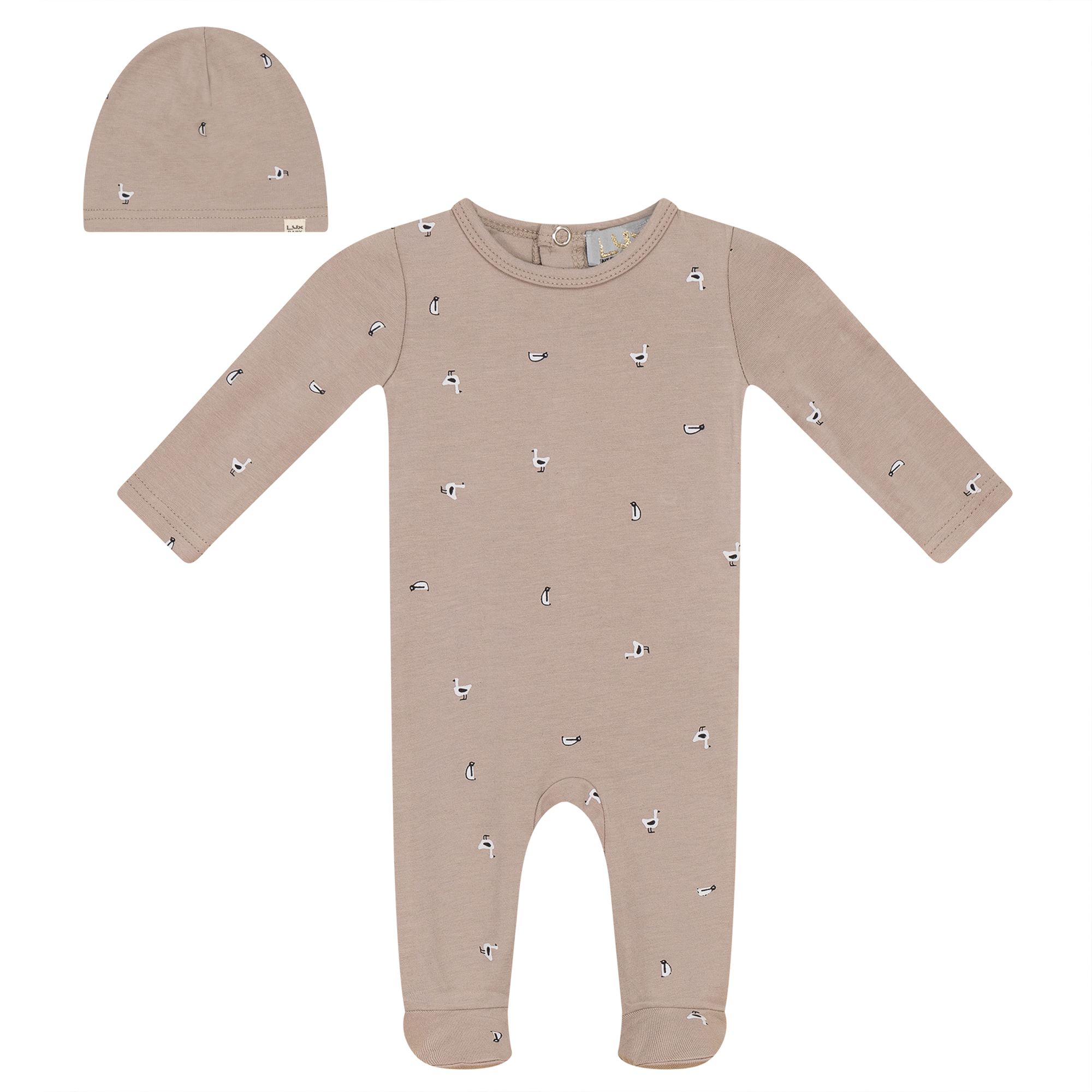 Penguin Printed Onesie Set in Beige by Lux