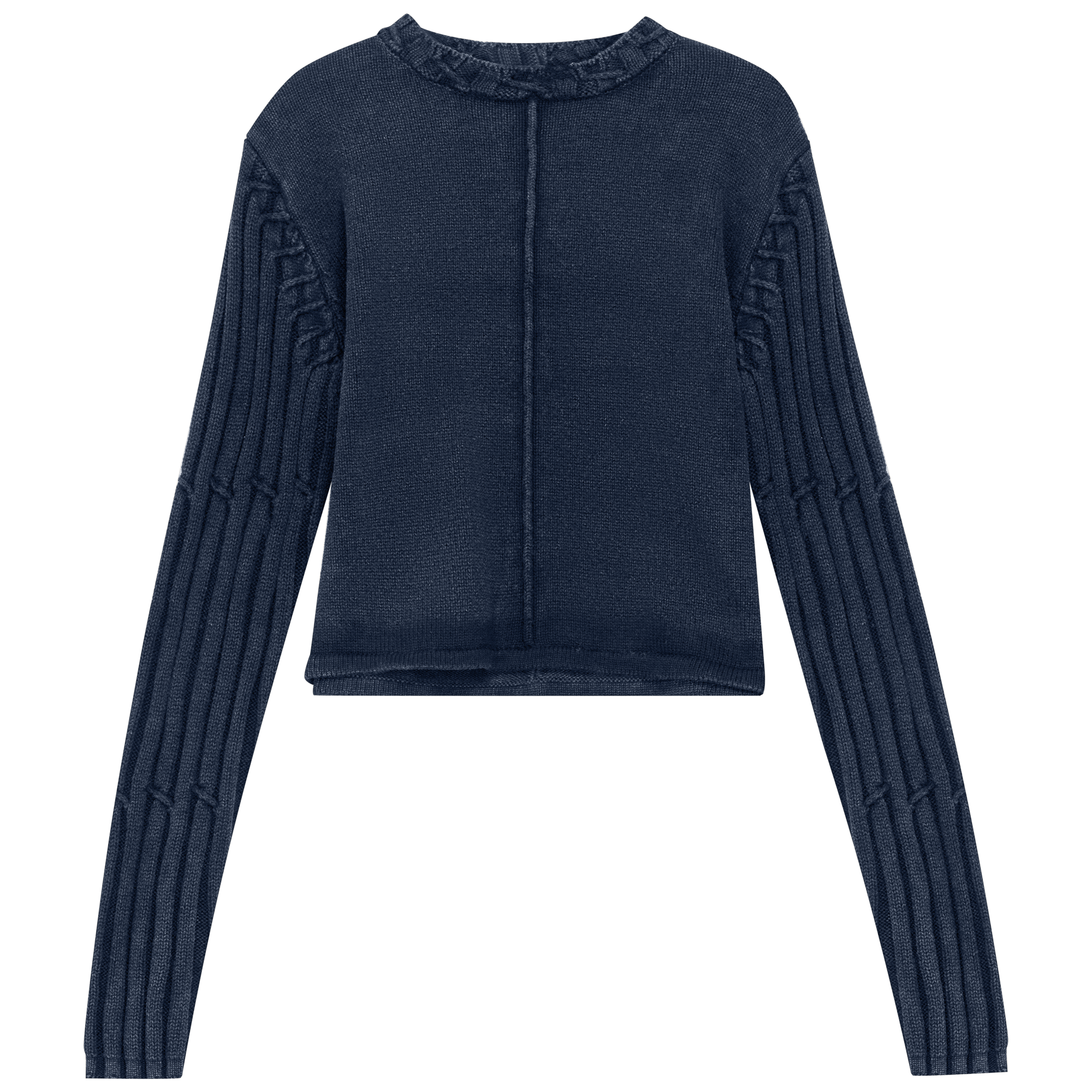 Knitted Distressed Sweater in Dark Denim Wash by Unclear
