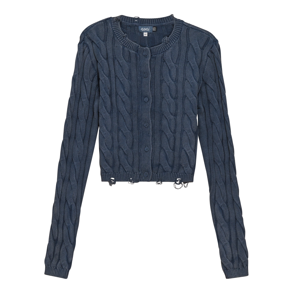 Distressed Knit Cardigan in Dark Denim Wash by Noni