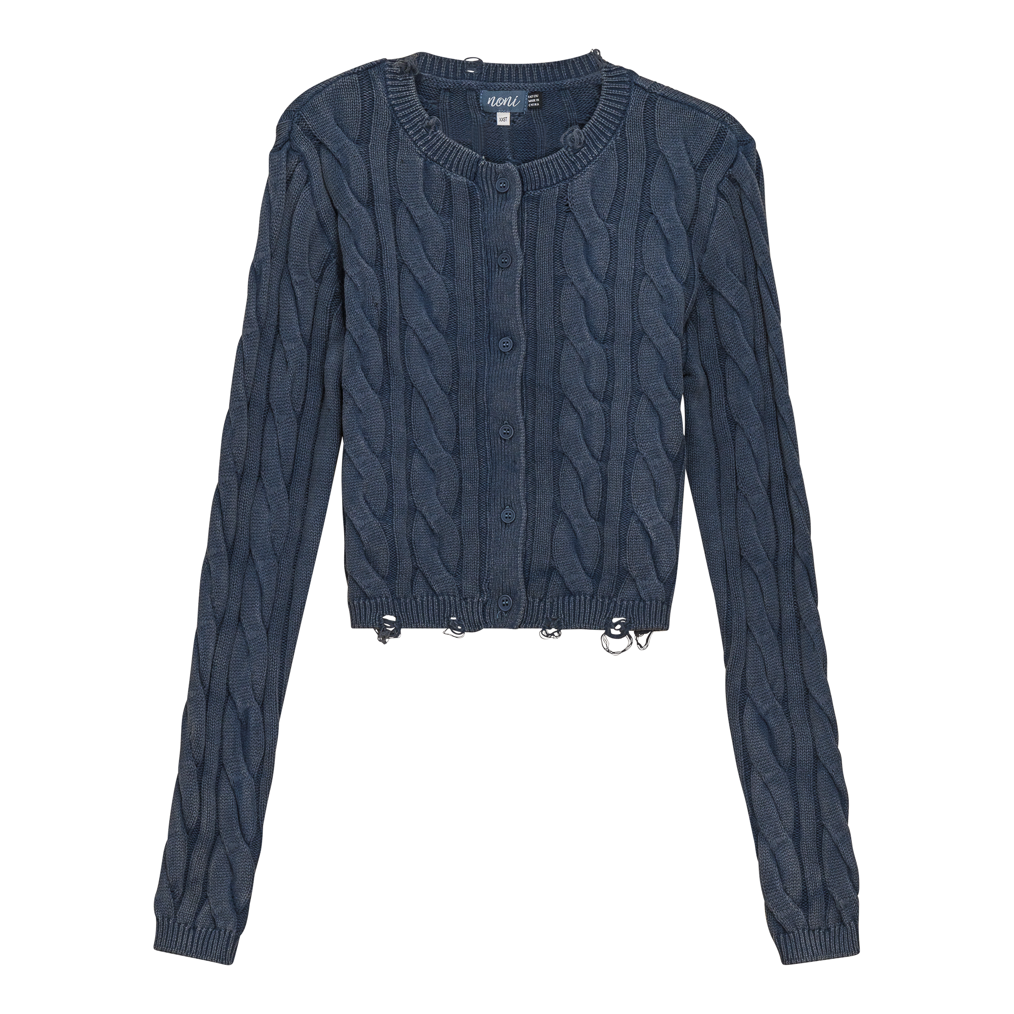 Distressed Knit Cardigan in Dark Denim Wash by Noni