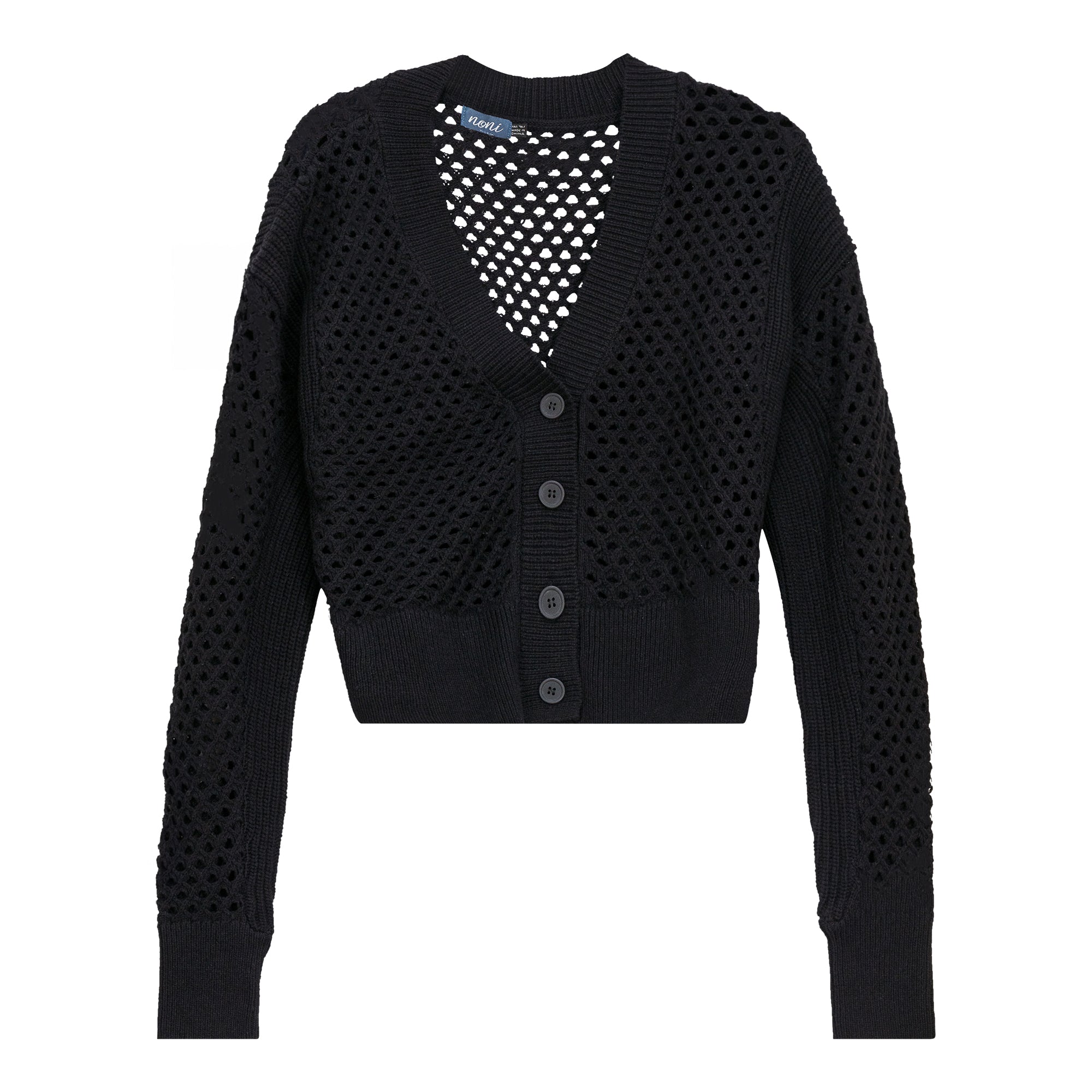 Crochet Knitted Crop Cardigan in Black by Noni