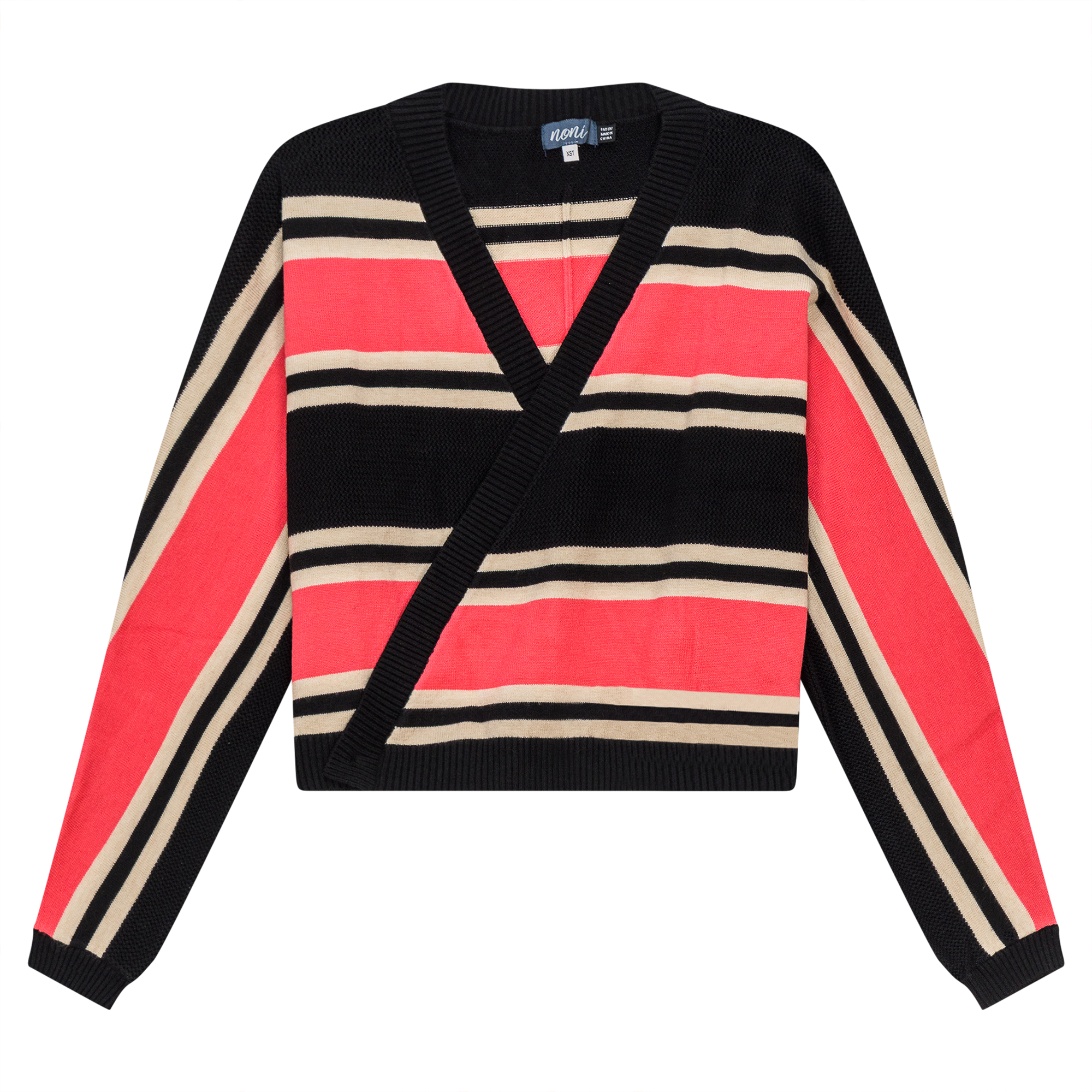 Pointelle Stripped Wrap Cardigan in Black Coral by Noni