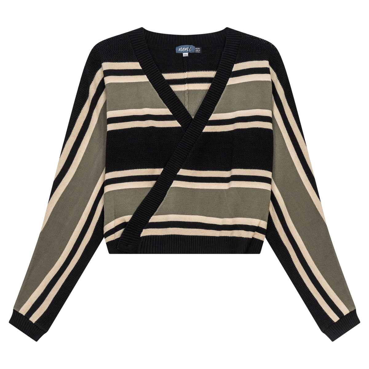 Pointelle Stripped Wrap Cardigan in Black Dusty Olive by Noni