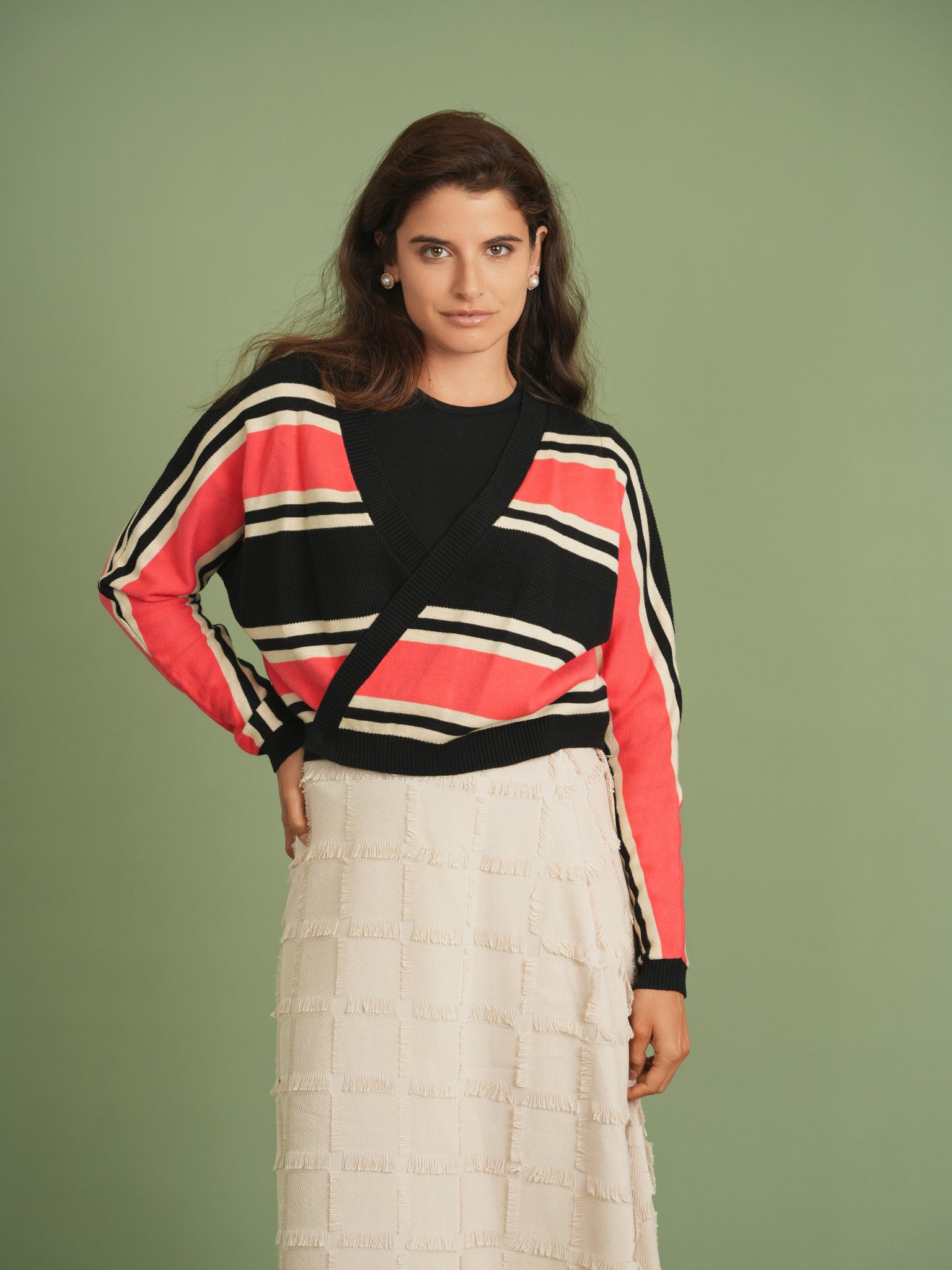 Pointelle Stripped Wrap Cardigan in Black Dusty Olive by Noni