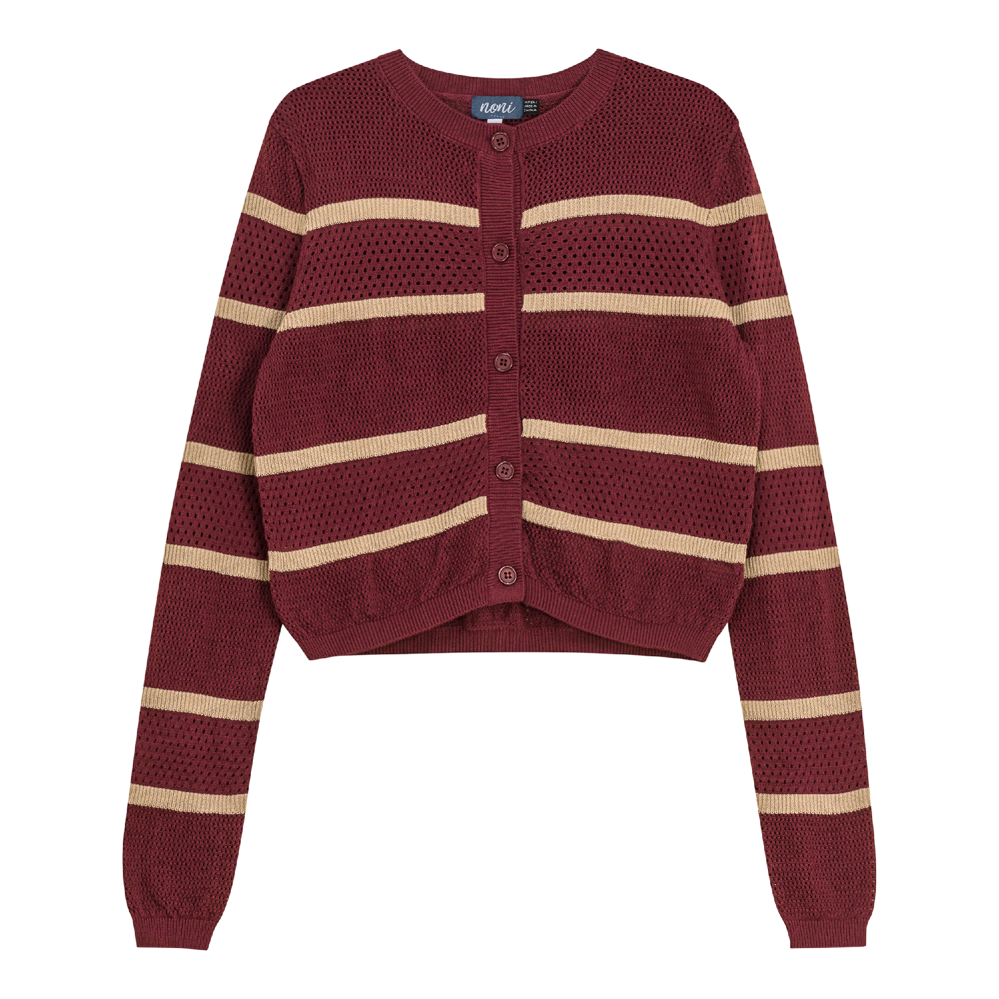 Pointelle 2 Tone Cardigan in Beige Burgandy by Noni