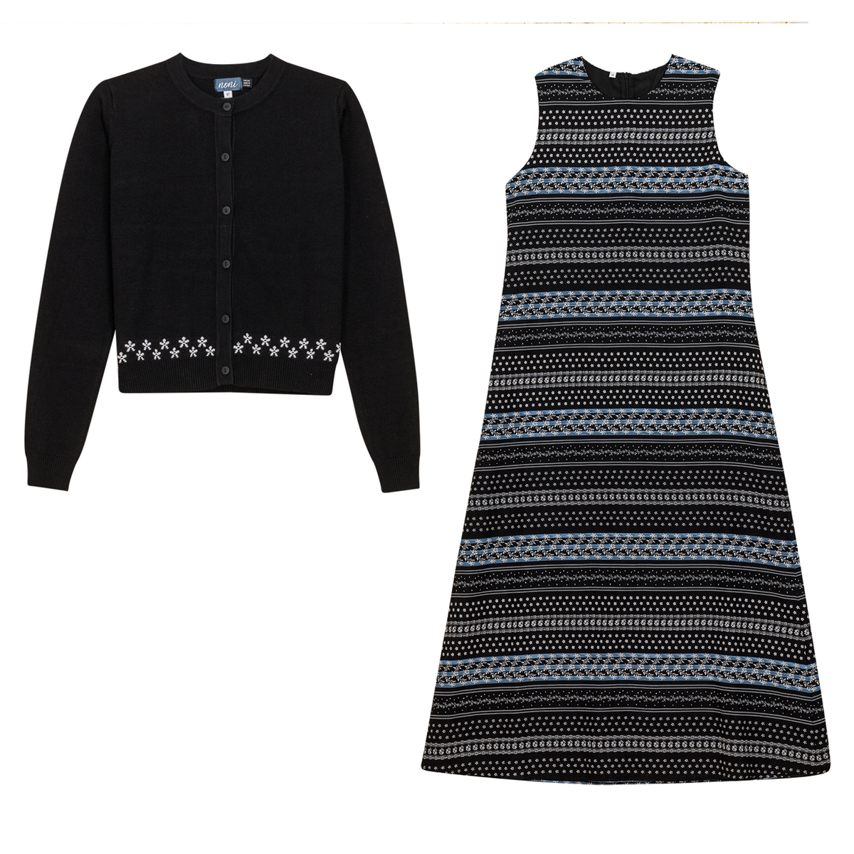 Striped Floral Print 2Pc Set in Black by Noni