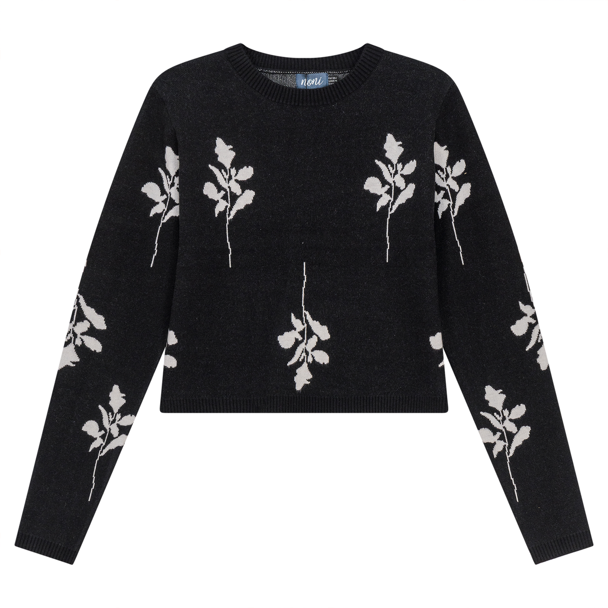 Leaves Print Crop Knit Sweater in Black by Noni