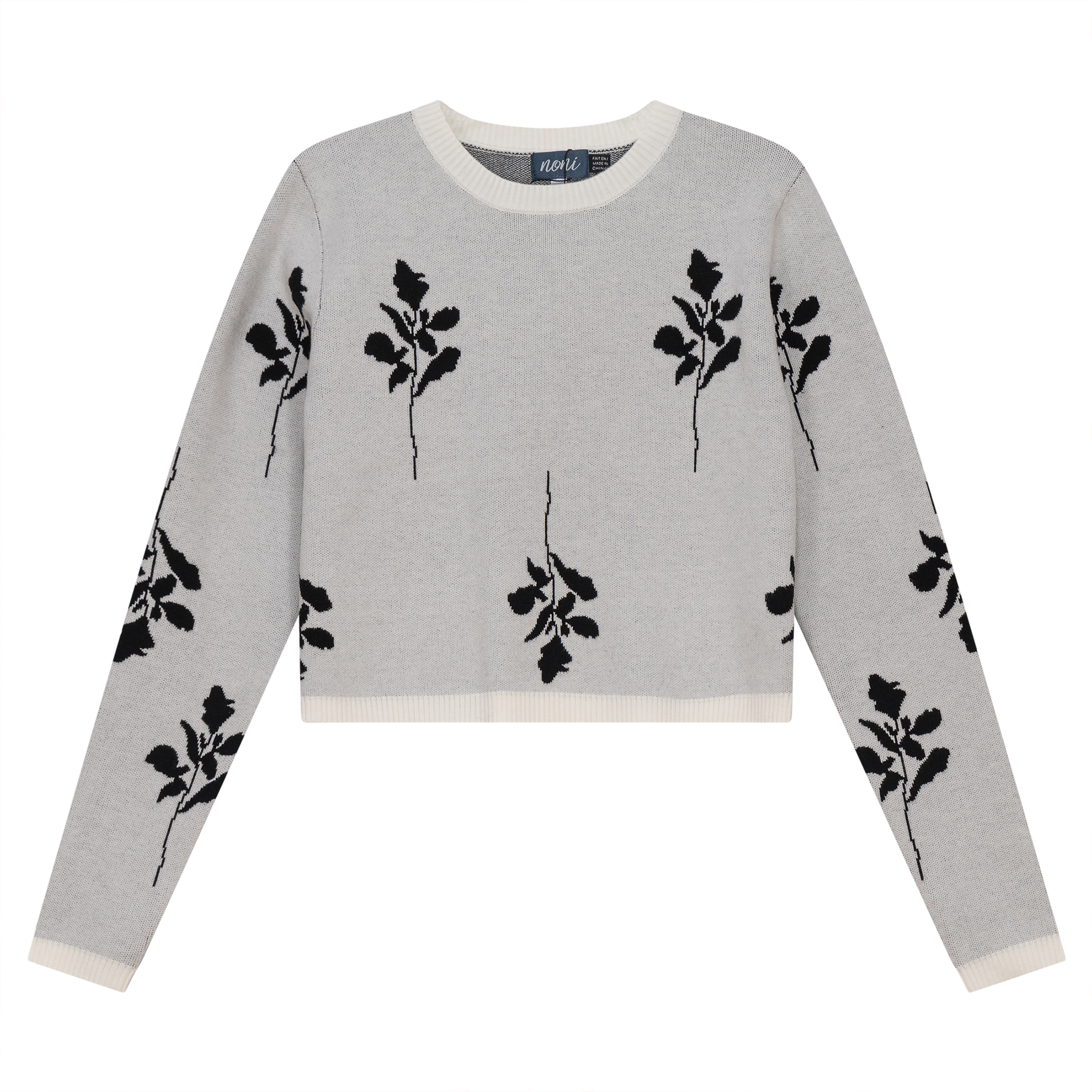 Leaves Print Crop Knit Sweater in Off White by Noni