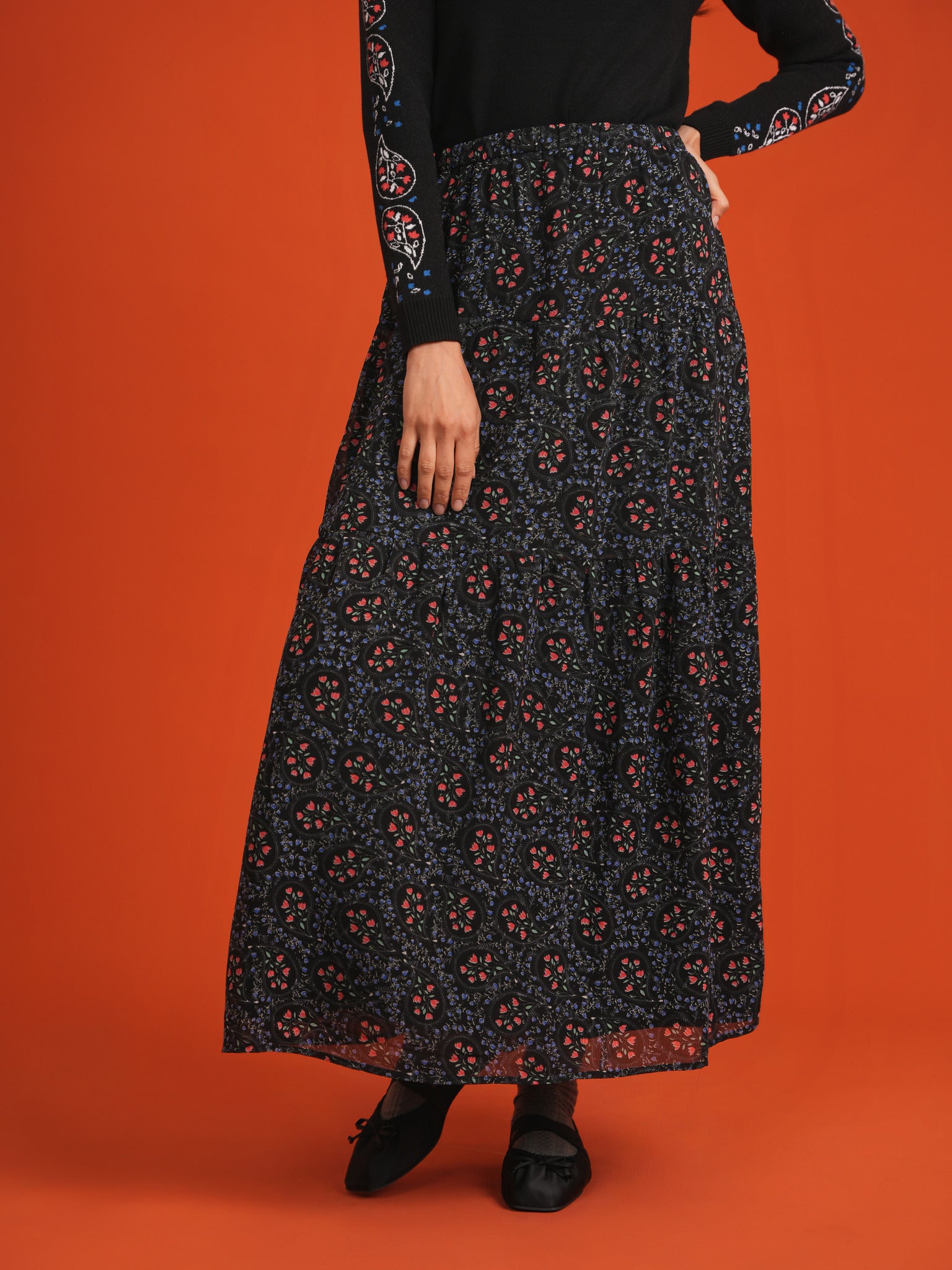 Tiered Floral Chiffon 2 Pc Set in Black by Noni