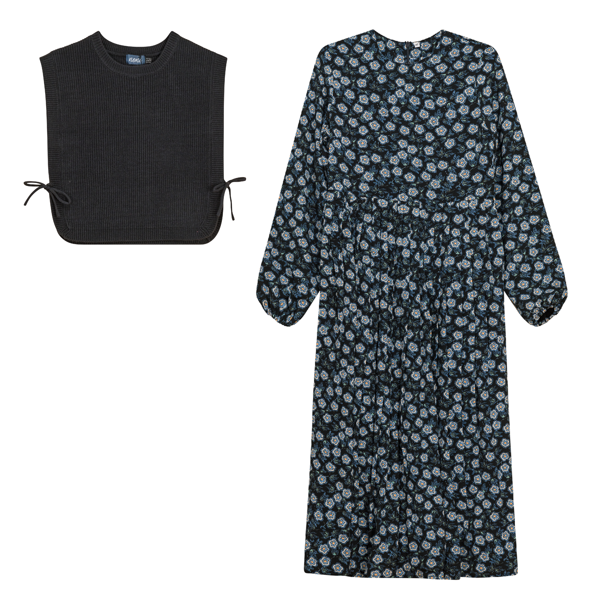 Midi Printed Dress with Knitted Vest in Navy by Noni