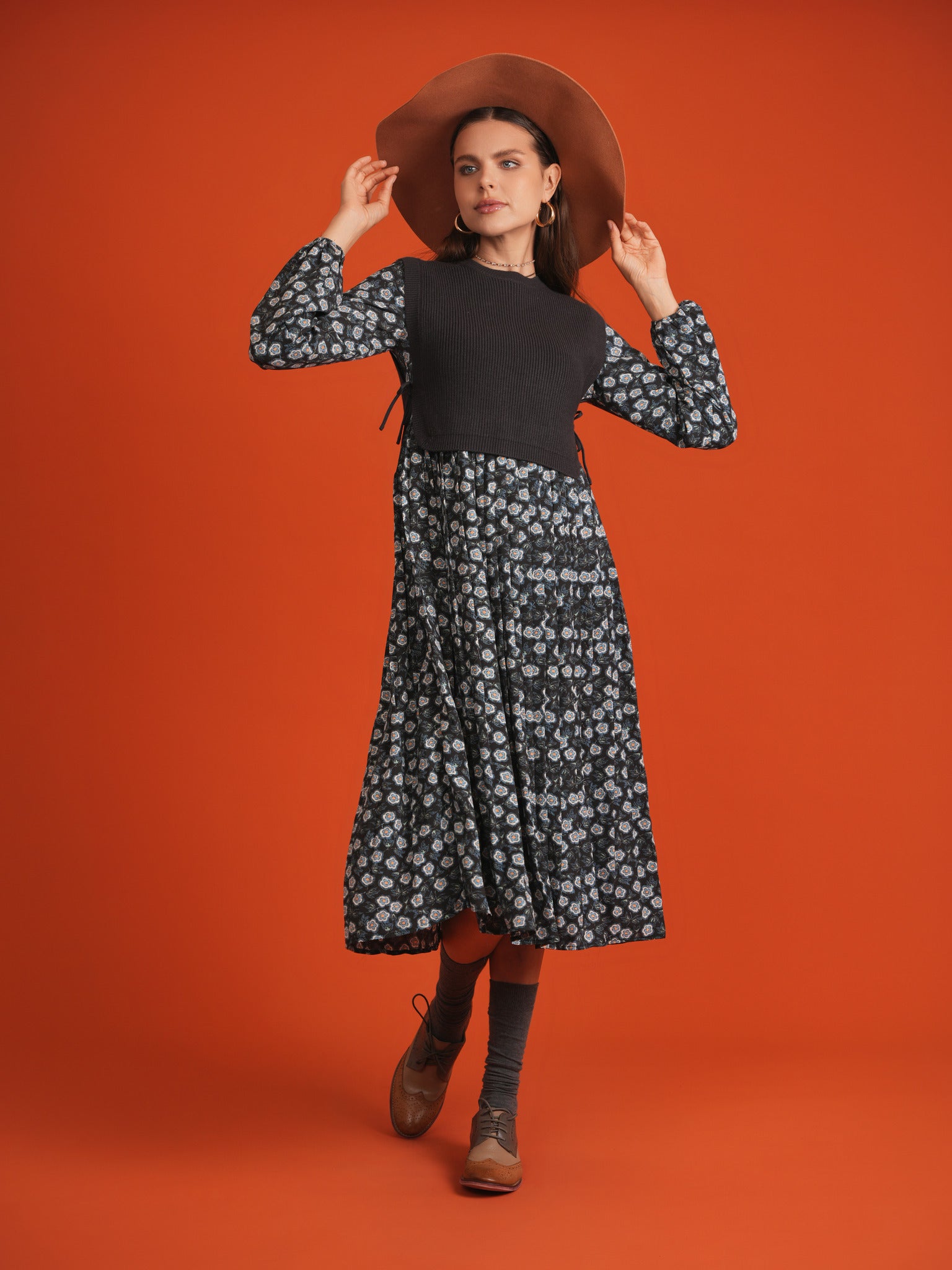 Midi Printed Dress with Knitted Vest in by Noni