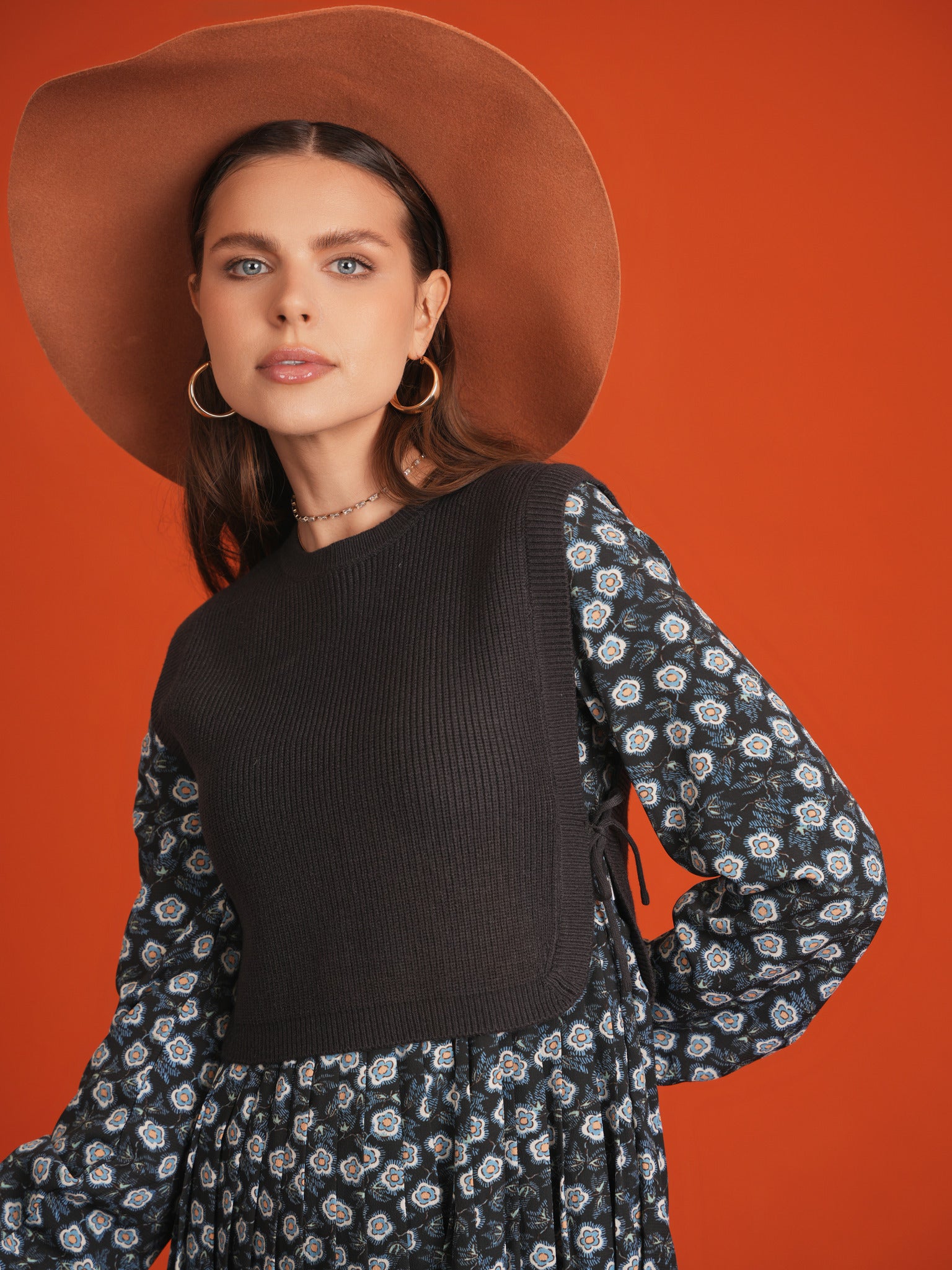 Midi Printed Dress with Knitted Vest in Navy by Noni