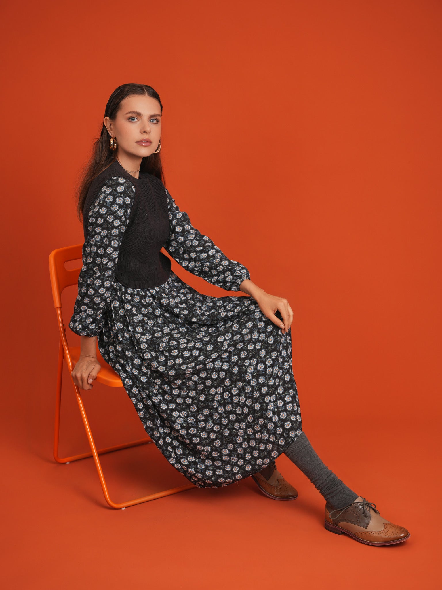 Midi Printed Dress with Knitted Vest in Navy by Noni