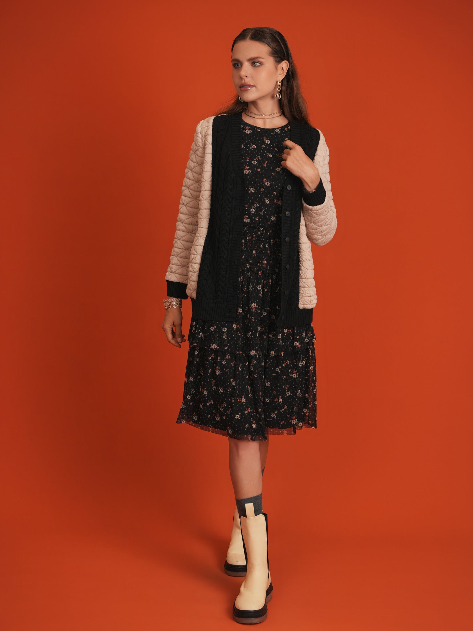 Quilted Knit Cardigan in Beige by Unclear