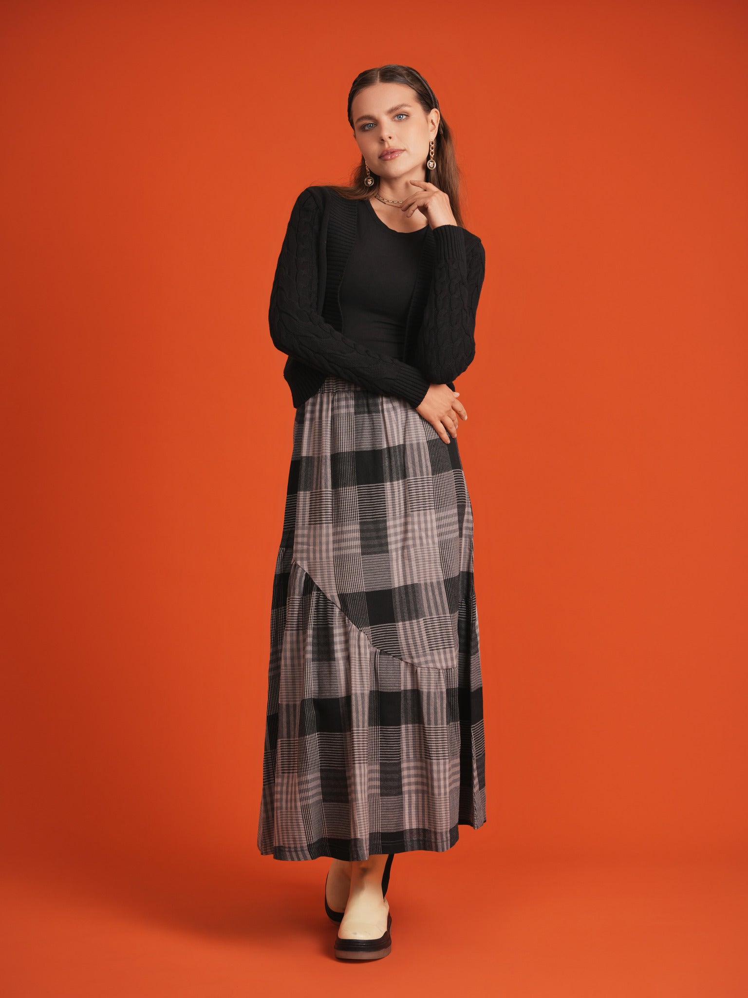 Woven Plaid Midi Skirt in by Noni
