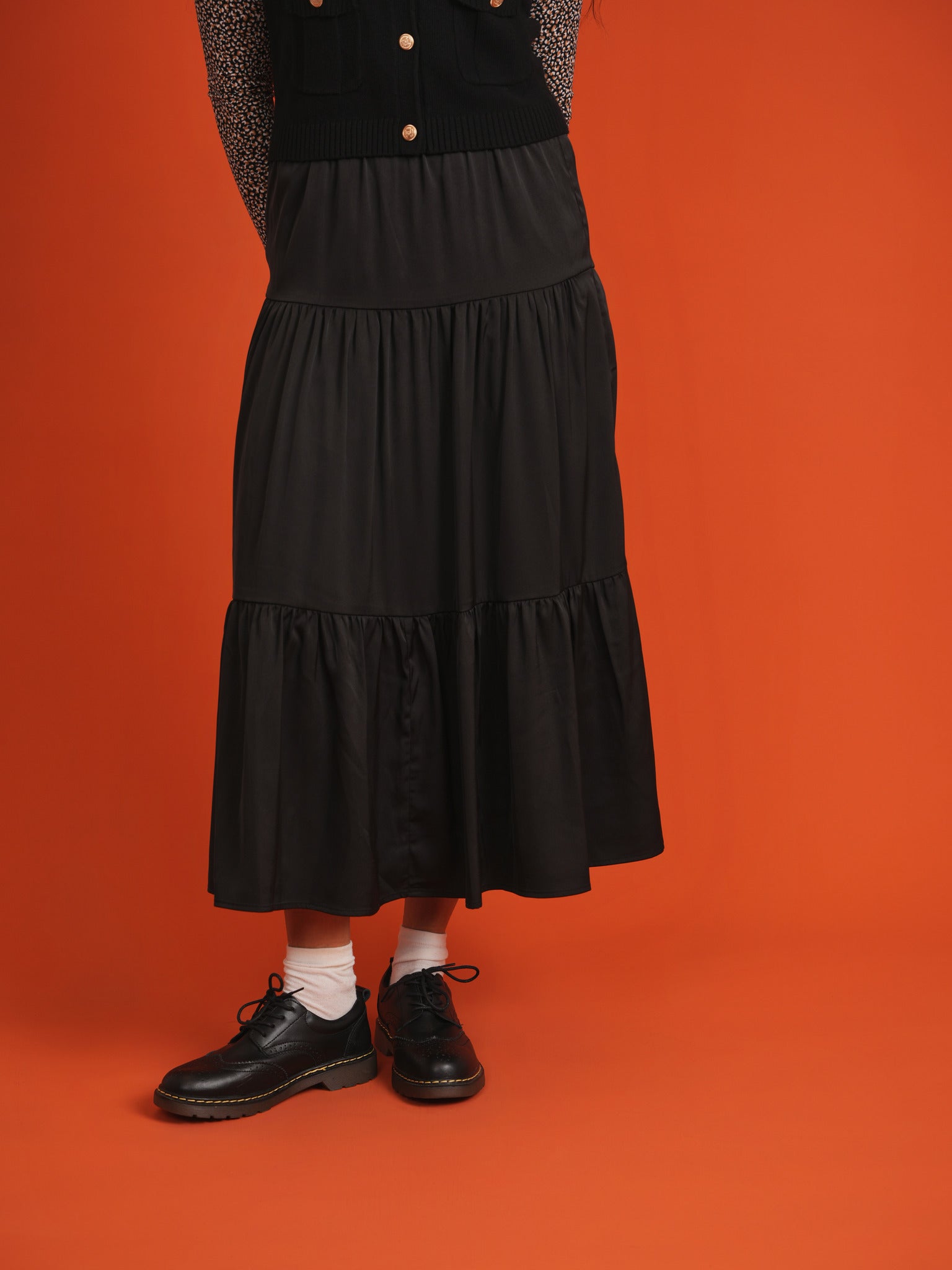 Midi Satin Tiered Skirt in Black by Noni