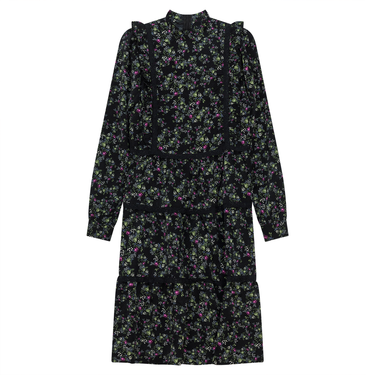 Floral Print Lace Trim Dress in Black by Noni