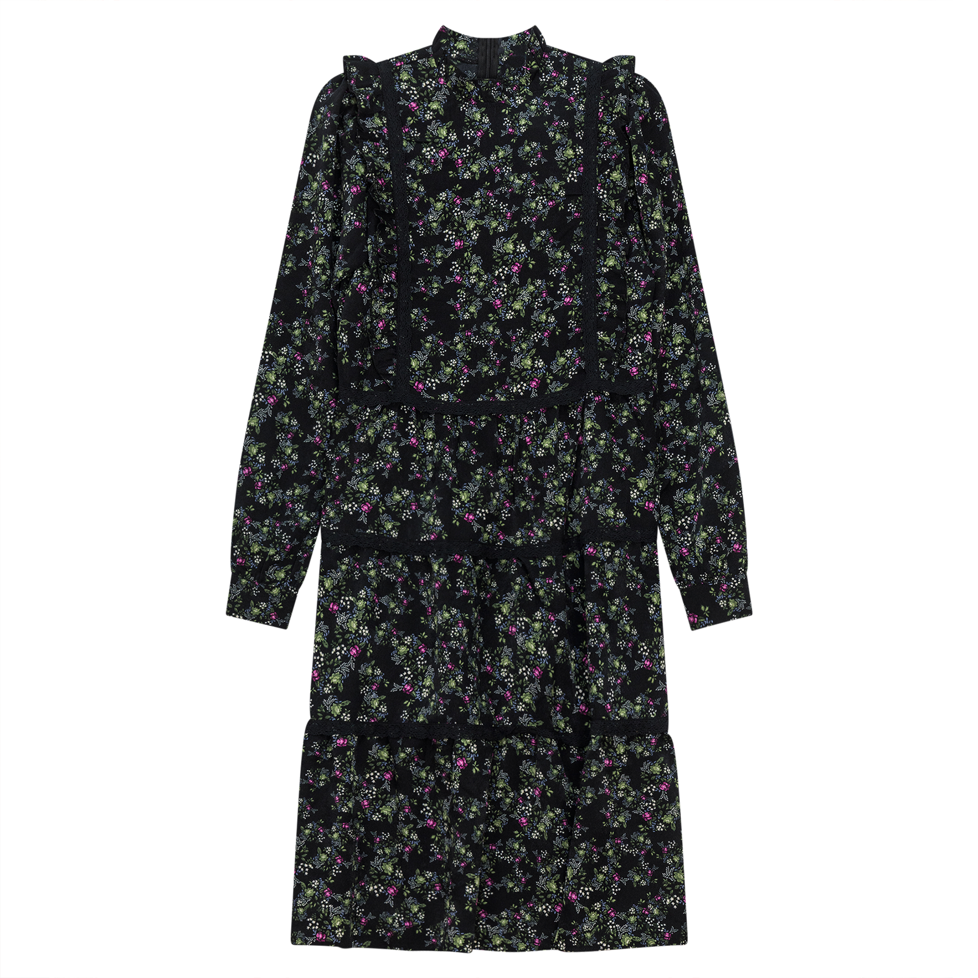 Floral Print Lace Trim Dress in Black by Noni