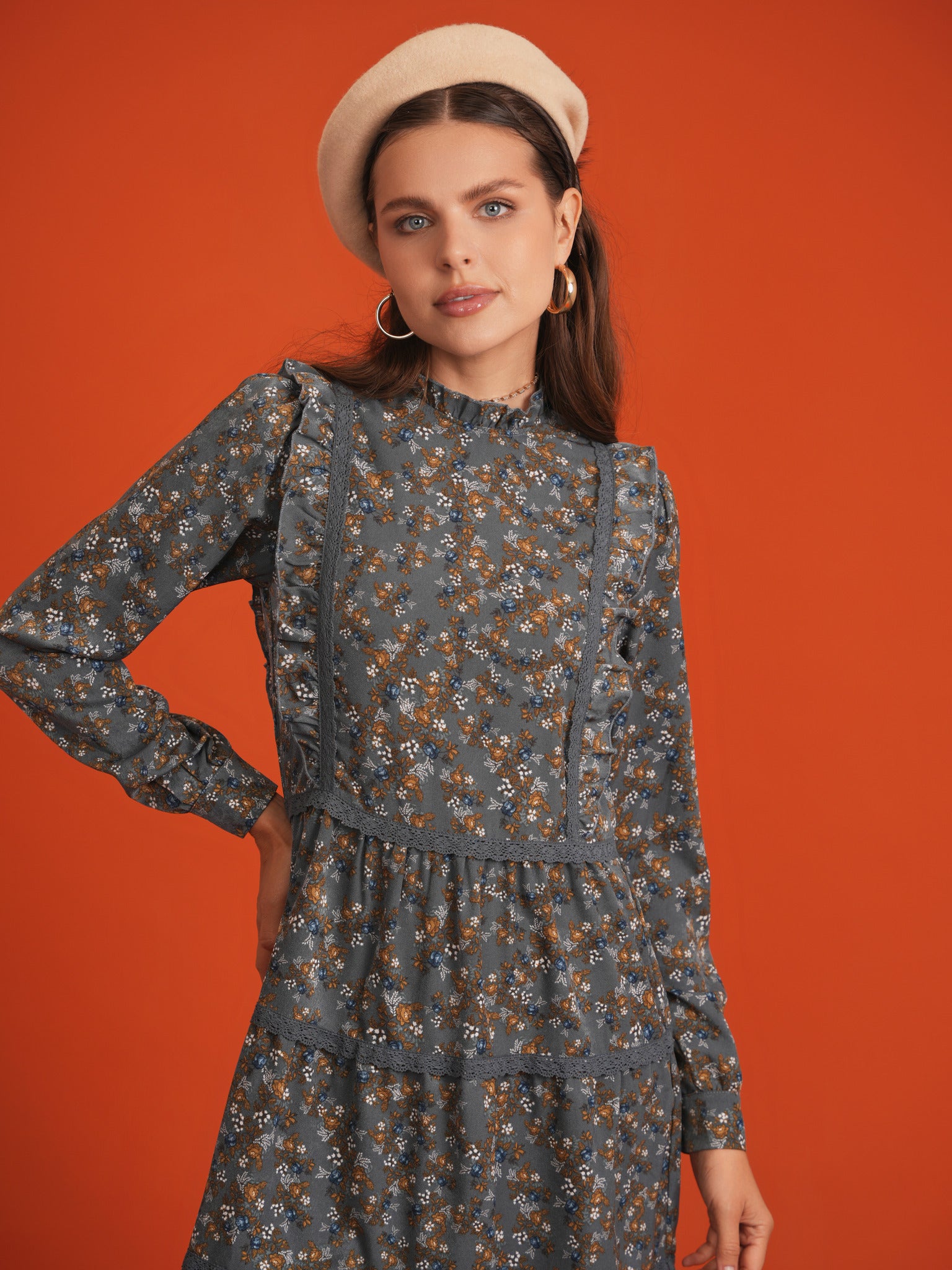 Floral Print Lace Trim Dress in Black by Noni