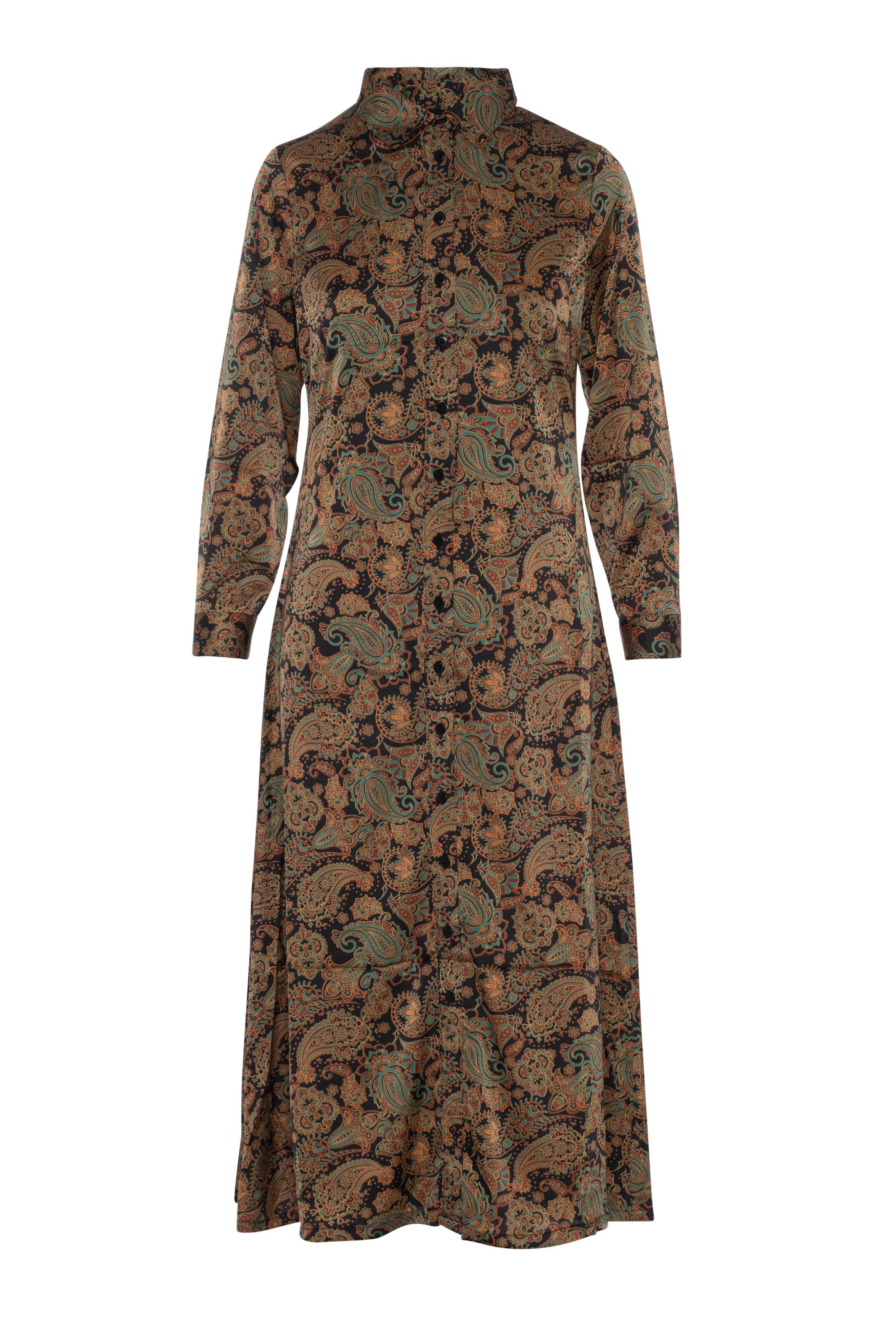 Printed Satin Midi Shirt Dress in Black Paisley by Coco de la Mour