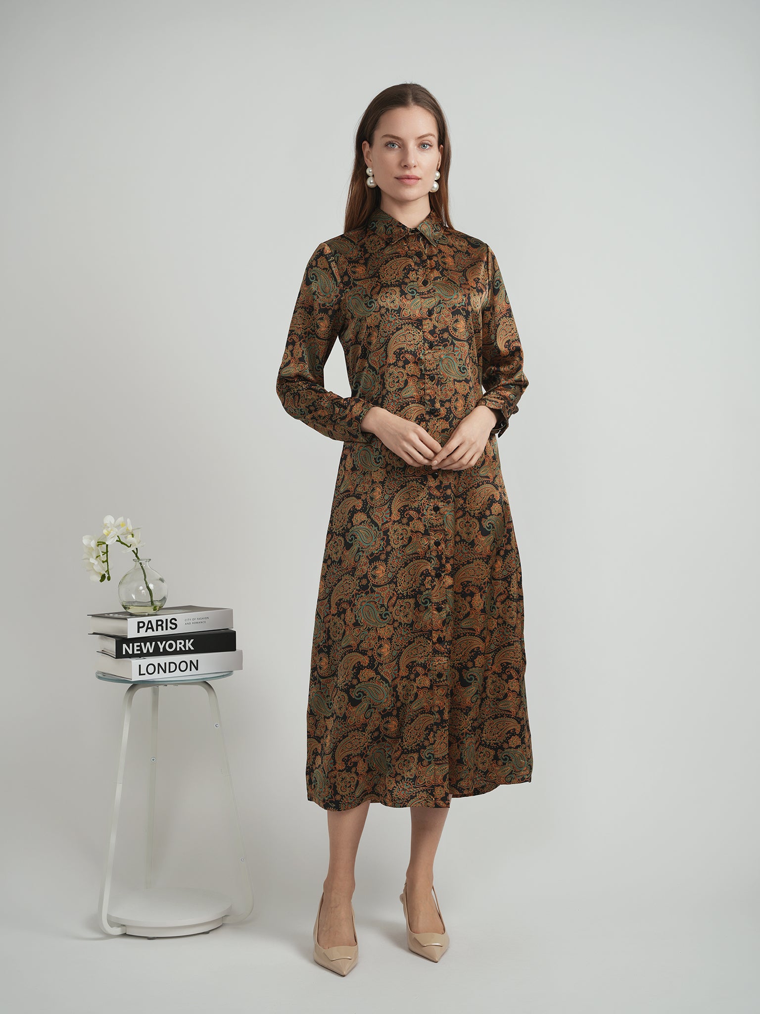 Printed Satin Midi Shirt Dress in by Coco de la Mour