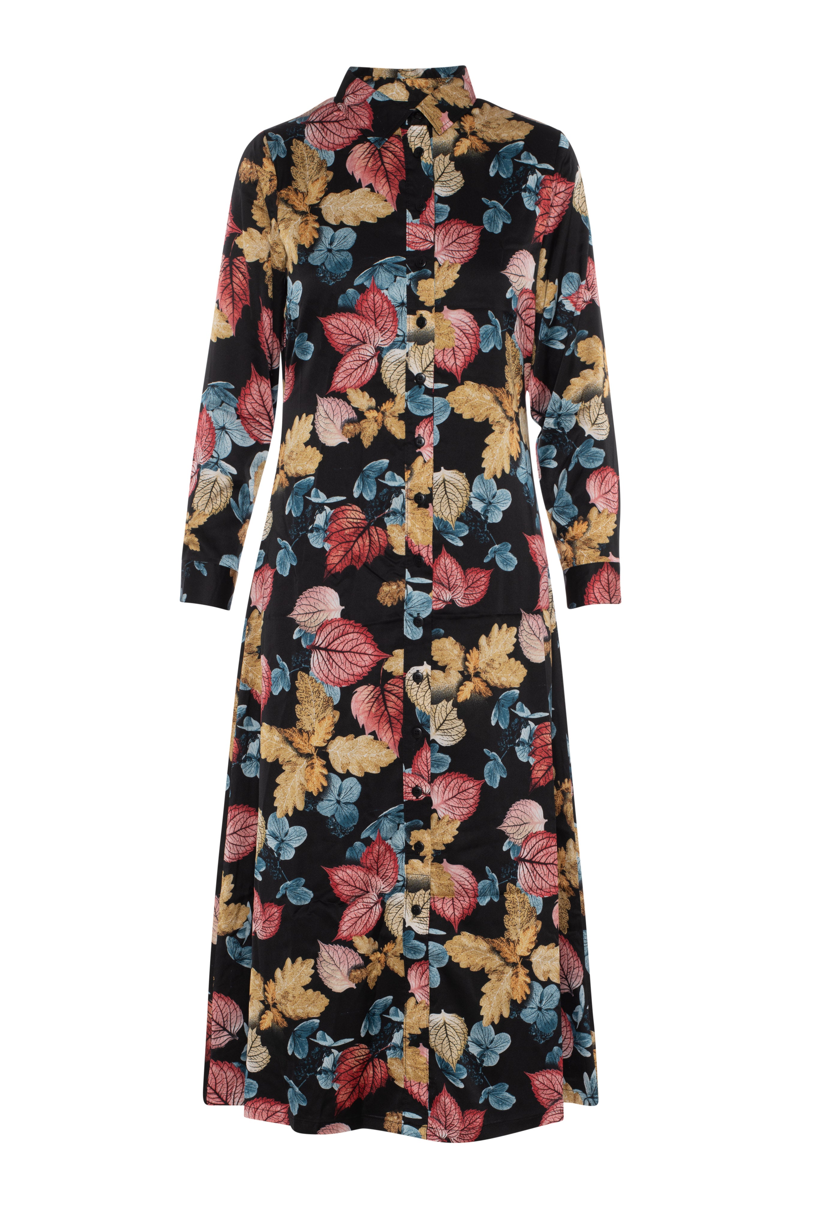 Printed Satin Midi Shirt Dress in Black Leafs by Coco de la Mour