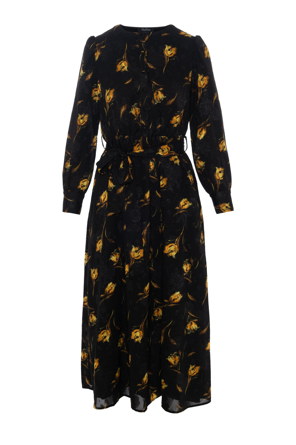 Printed Satin A line Dress in Black Mustard by MiuMax