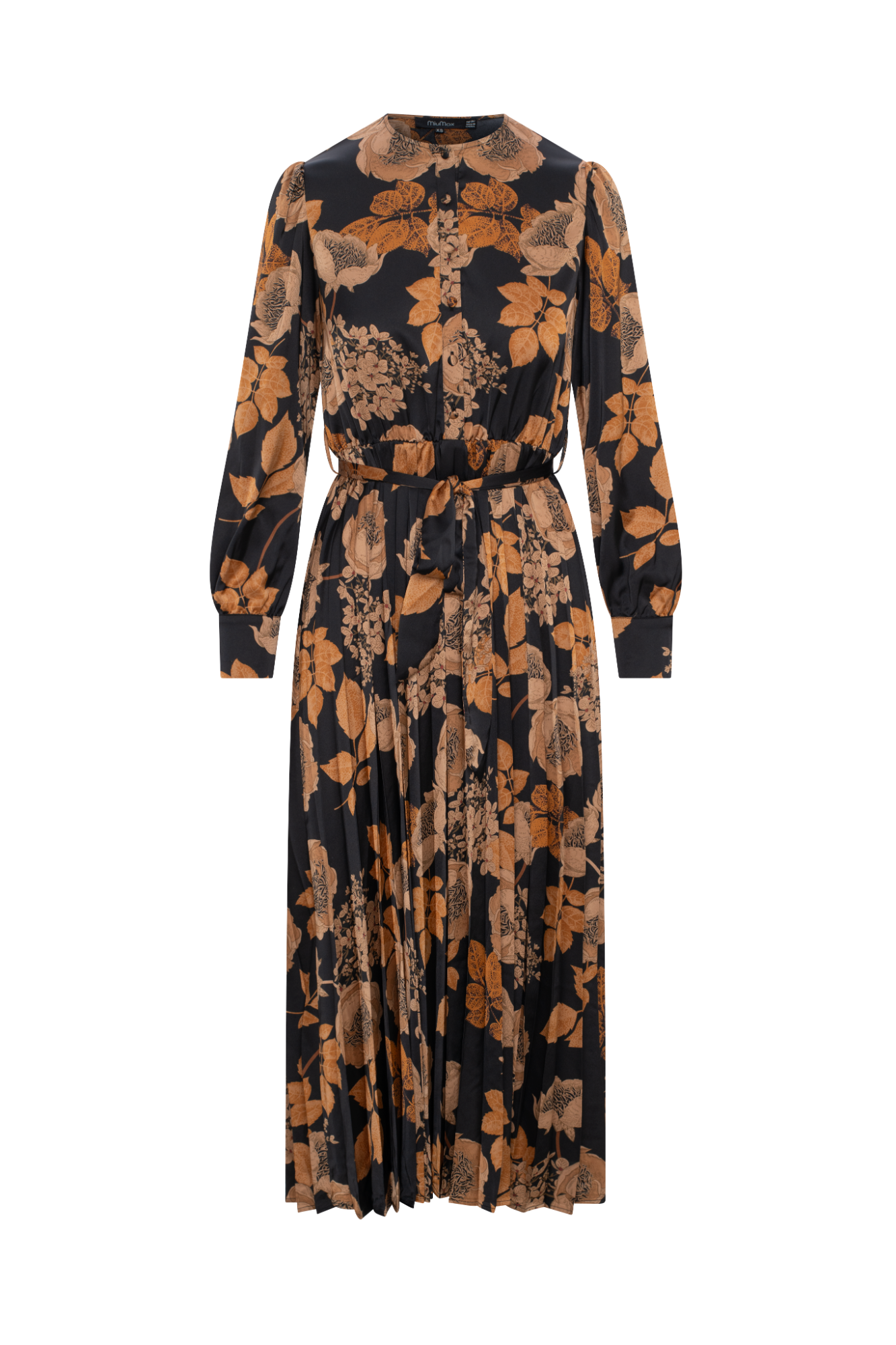 Printed Satin Accordian Pleated Dress in Black Floral by MiuMax