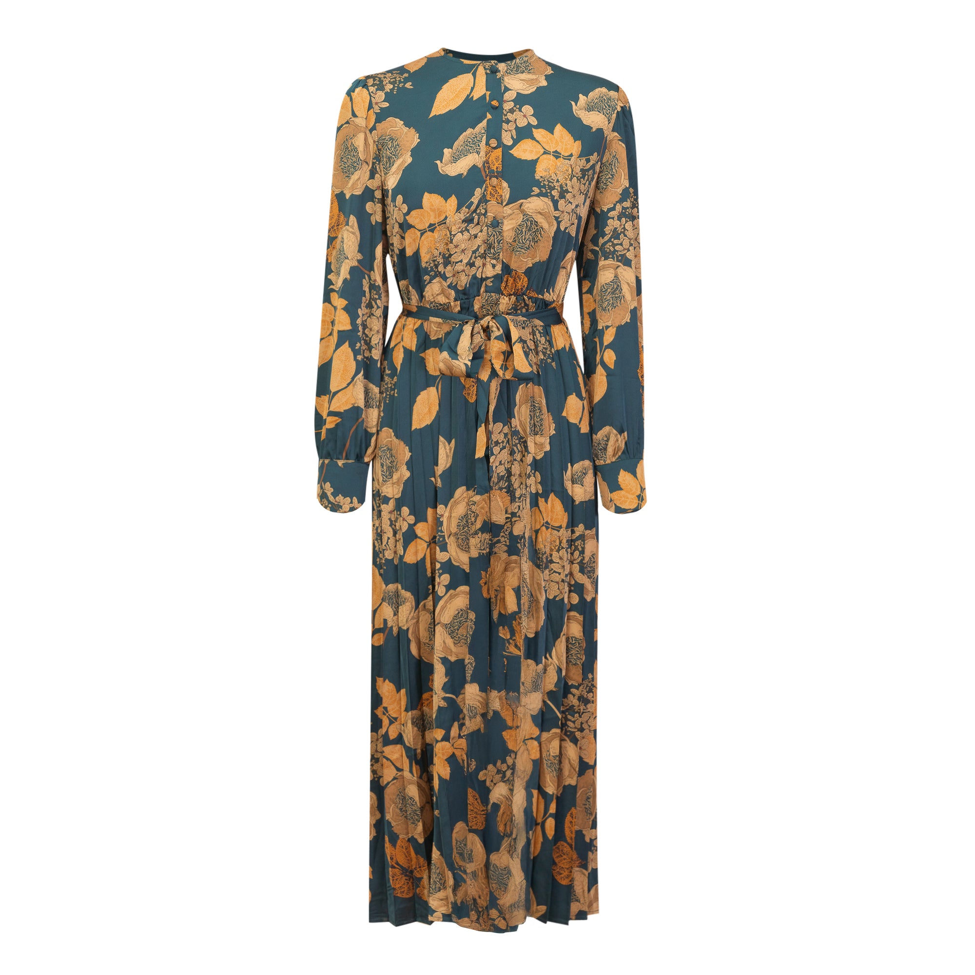 Printed Satin Accordian Pleated Dress in Everglade Floral by MiuMax