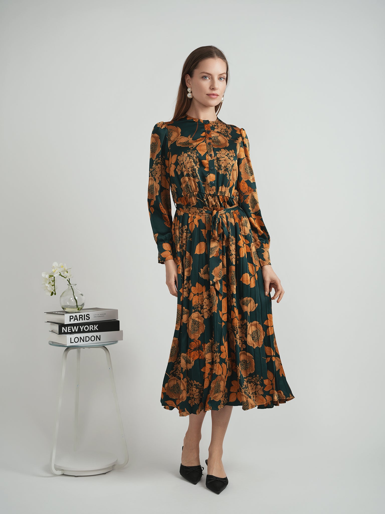 Printed Satin Accordian Pleated Dress in by MiuMax