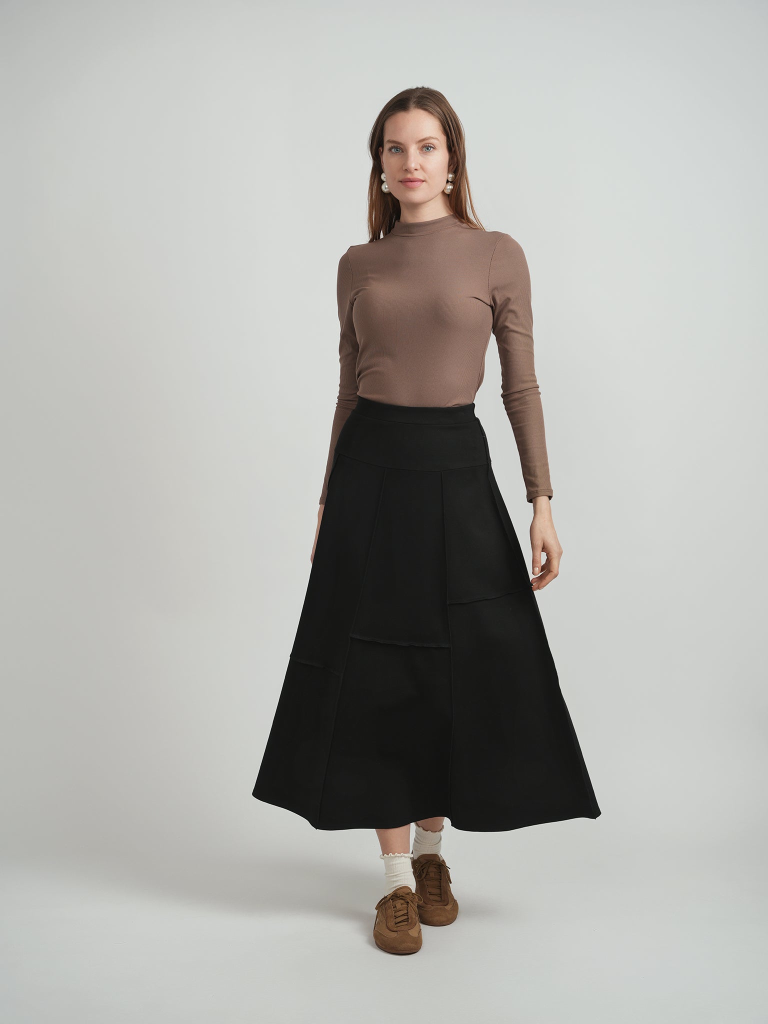 Ponte Top Stitch Paneled A Line Midi Skirt in by Diciannove