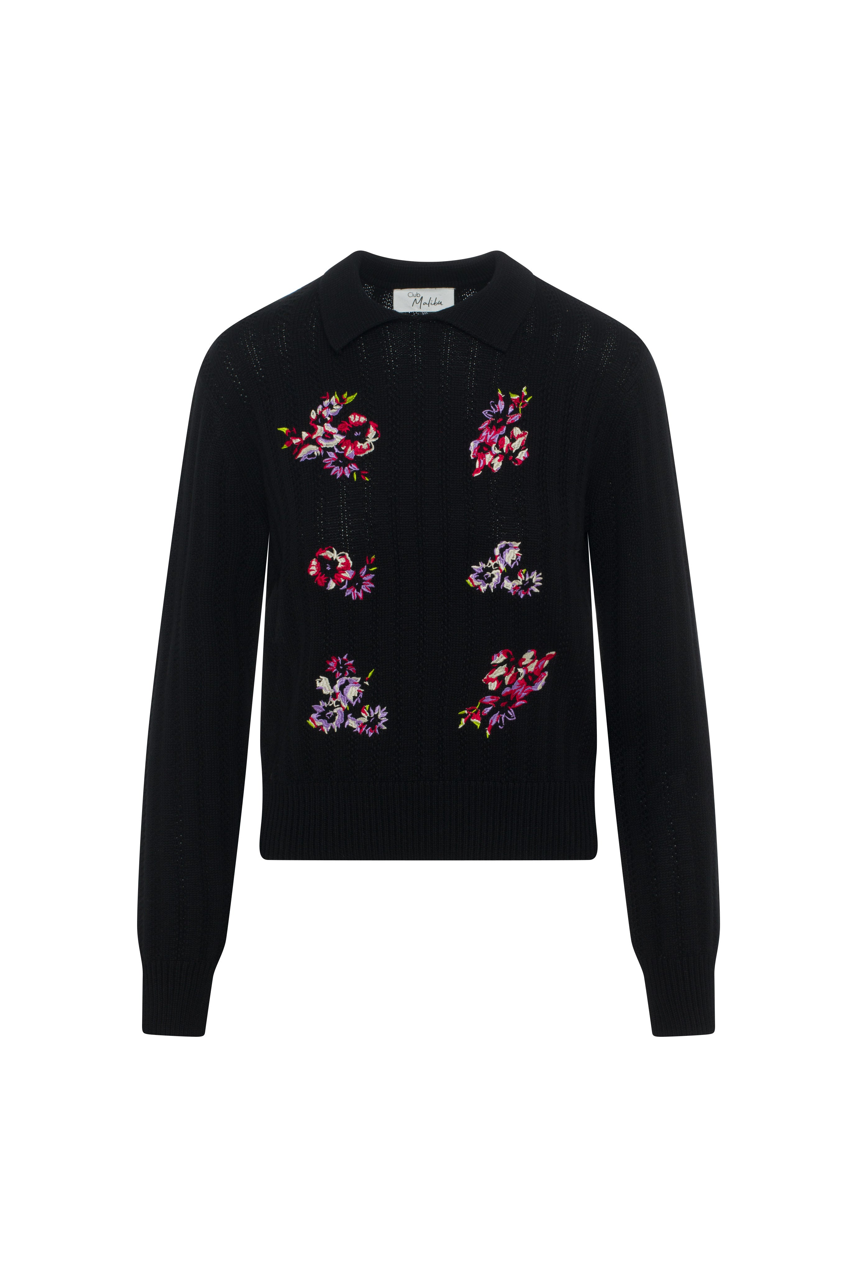 Embroidrered Textured Knit Sweater in Black by Club Malibu